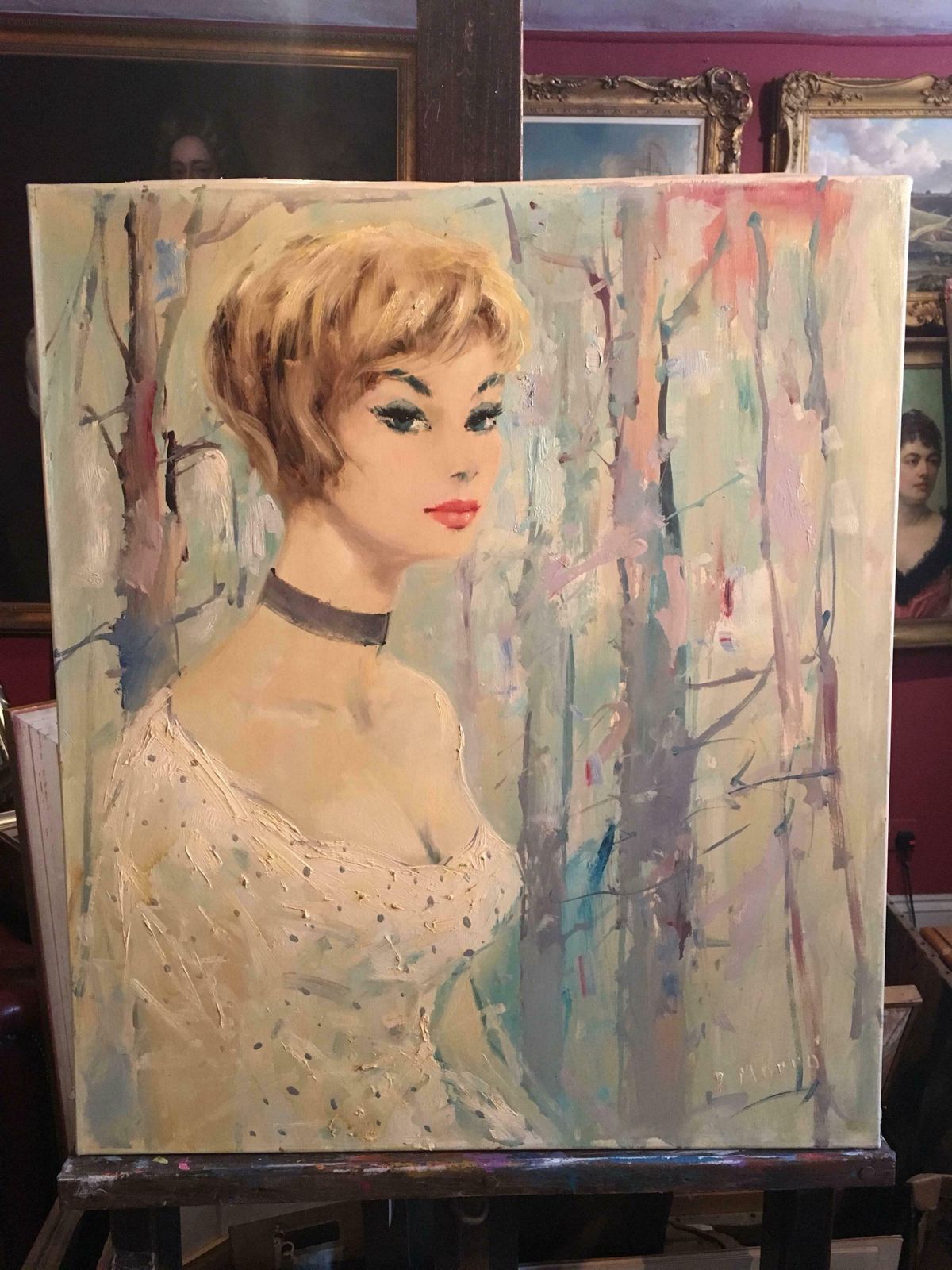 Paul Morrolarge Portrait Of Young French Girl, Signed Impressionist Oil1960's photo furniture