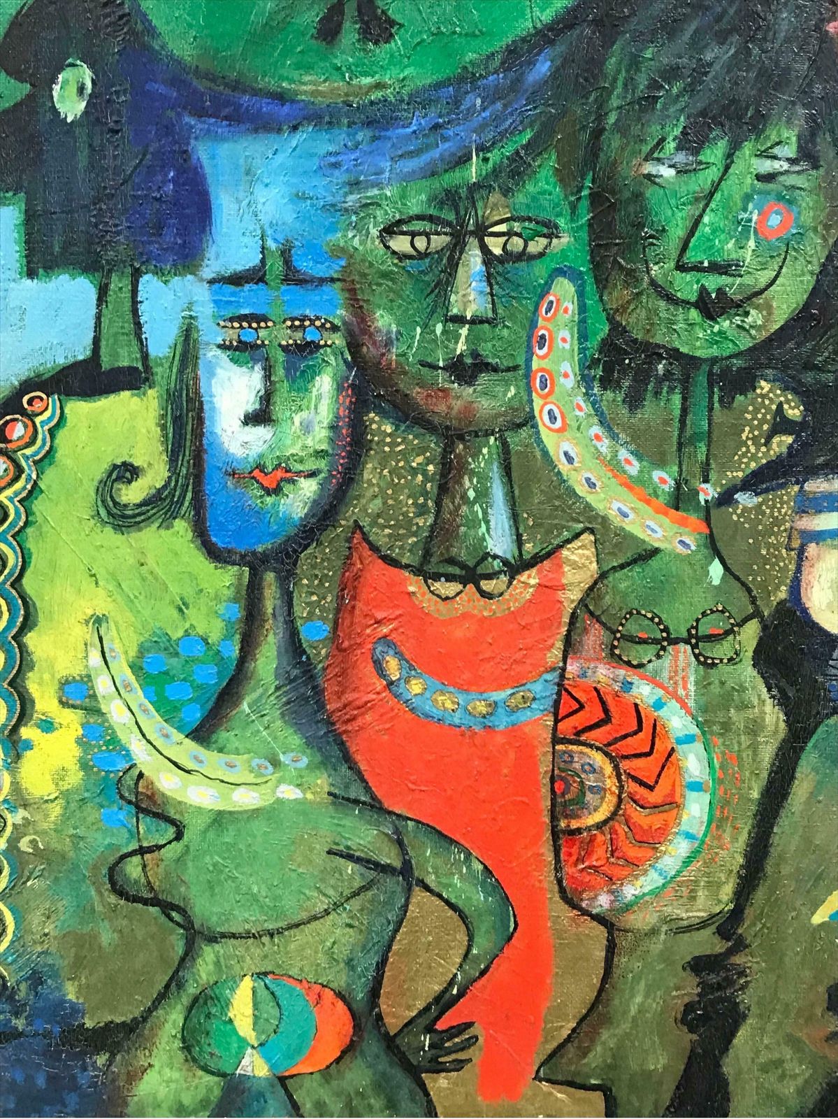 20th Century French School1960's French Modernist Oil Painting Green Background With Bizarre Figures1960's photo Art