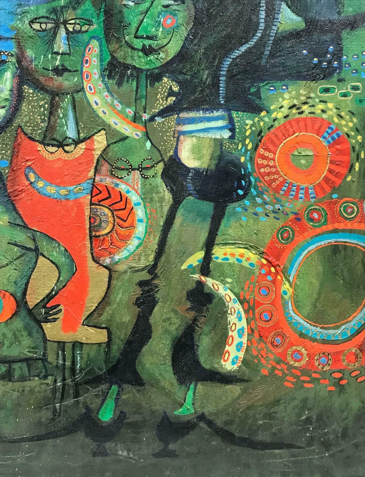 20th Century French School1960's French Modernist Oil Painting Green Background With Bizarre Figures1960's photo 1019.0