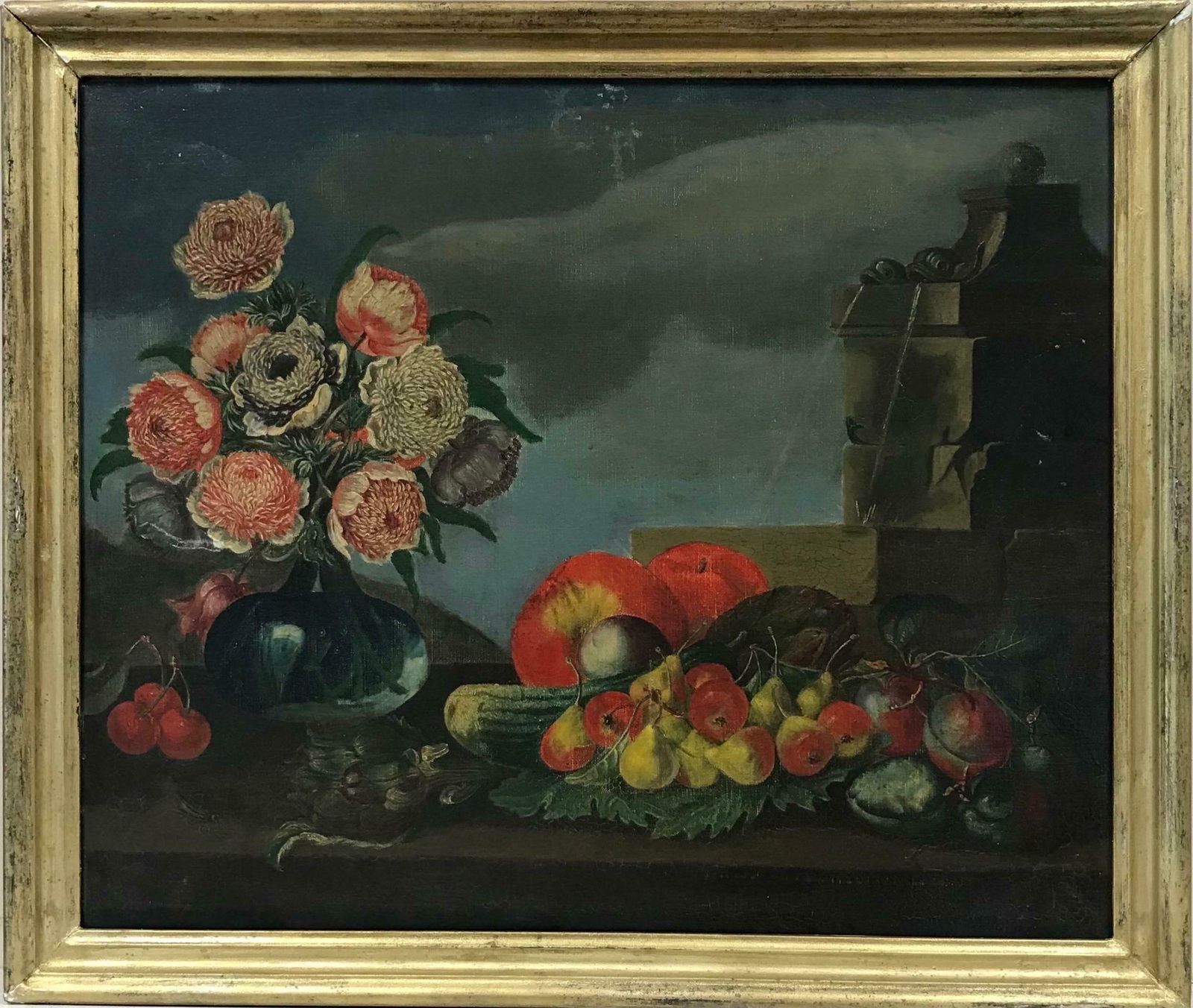 French School19th Century French Oil, Ornamental Flowers & Fruit Still Life Classical Setting