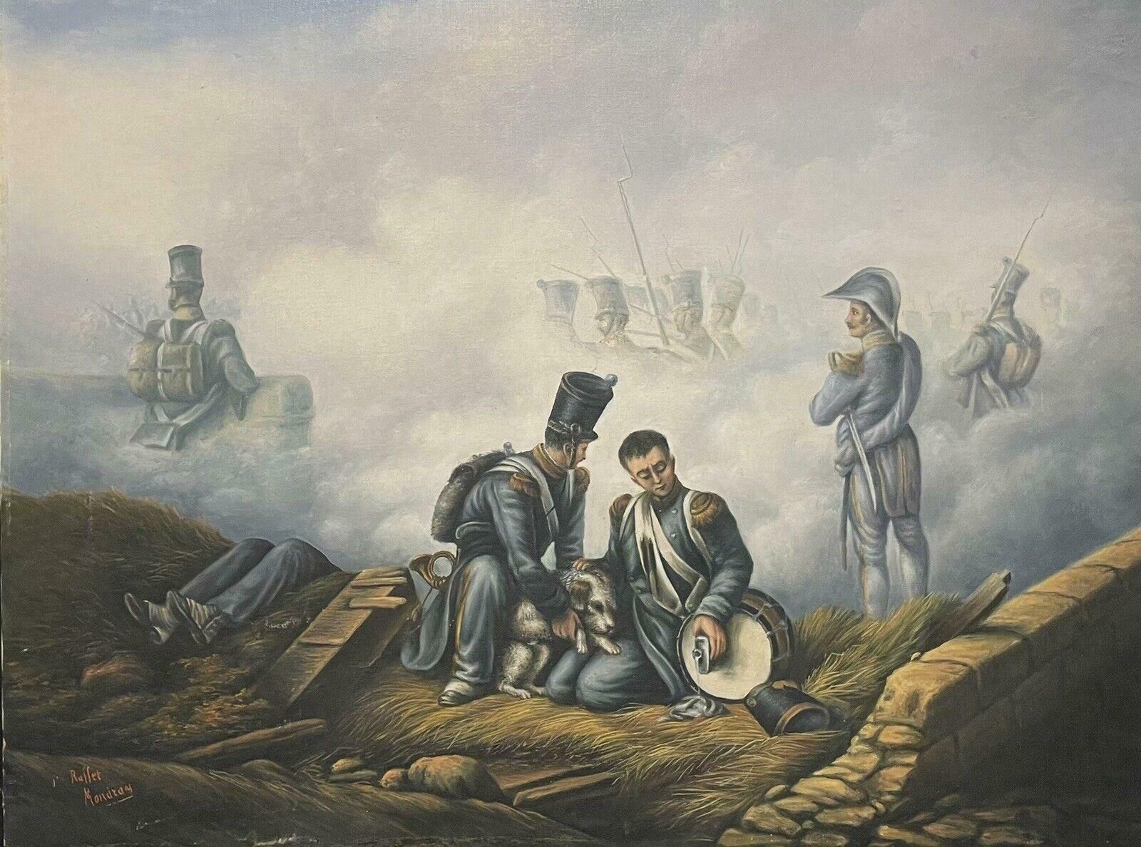 French Schoollarge 19th Century French Oil Battlefield Soldiers & Wounded Dog Scene, Waterloo19th Century