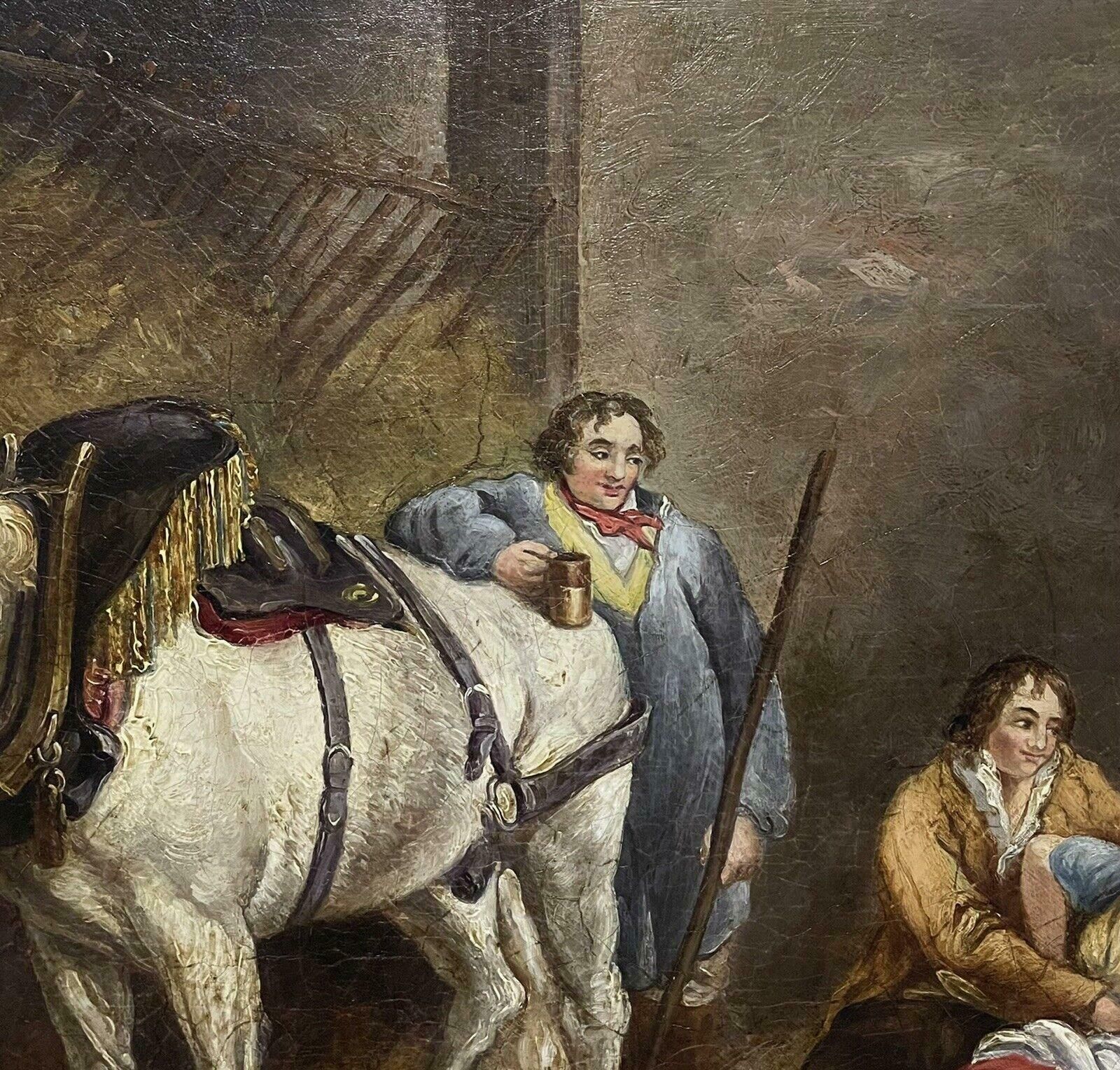 Large Early 1800's English Oil Painting Figures Carousing In Stable Interior photo 7641.0