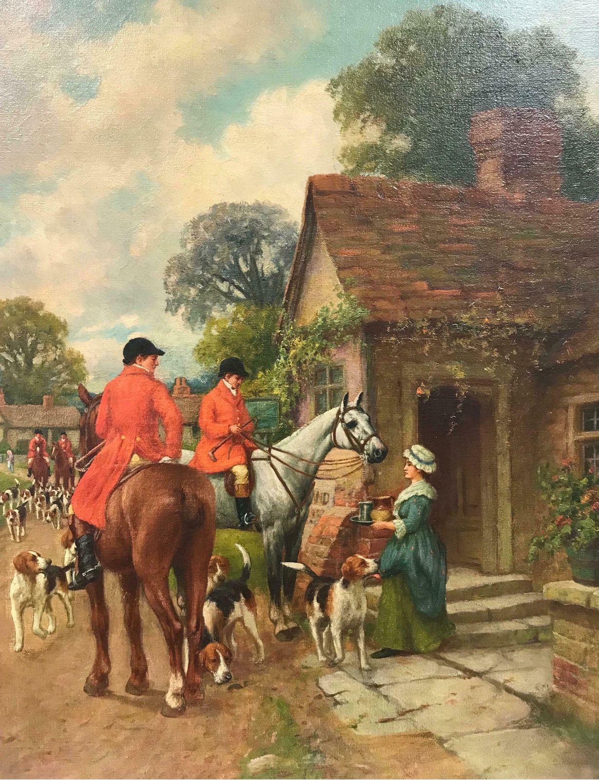 Singleton Jowett (1878–1927)fine Victorian Oil Huntsman On Horseback Outside Village Tavern With Hounds photo Art