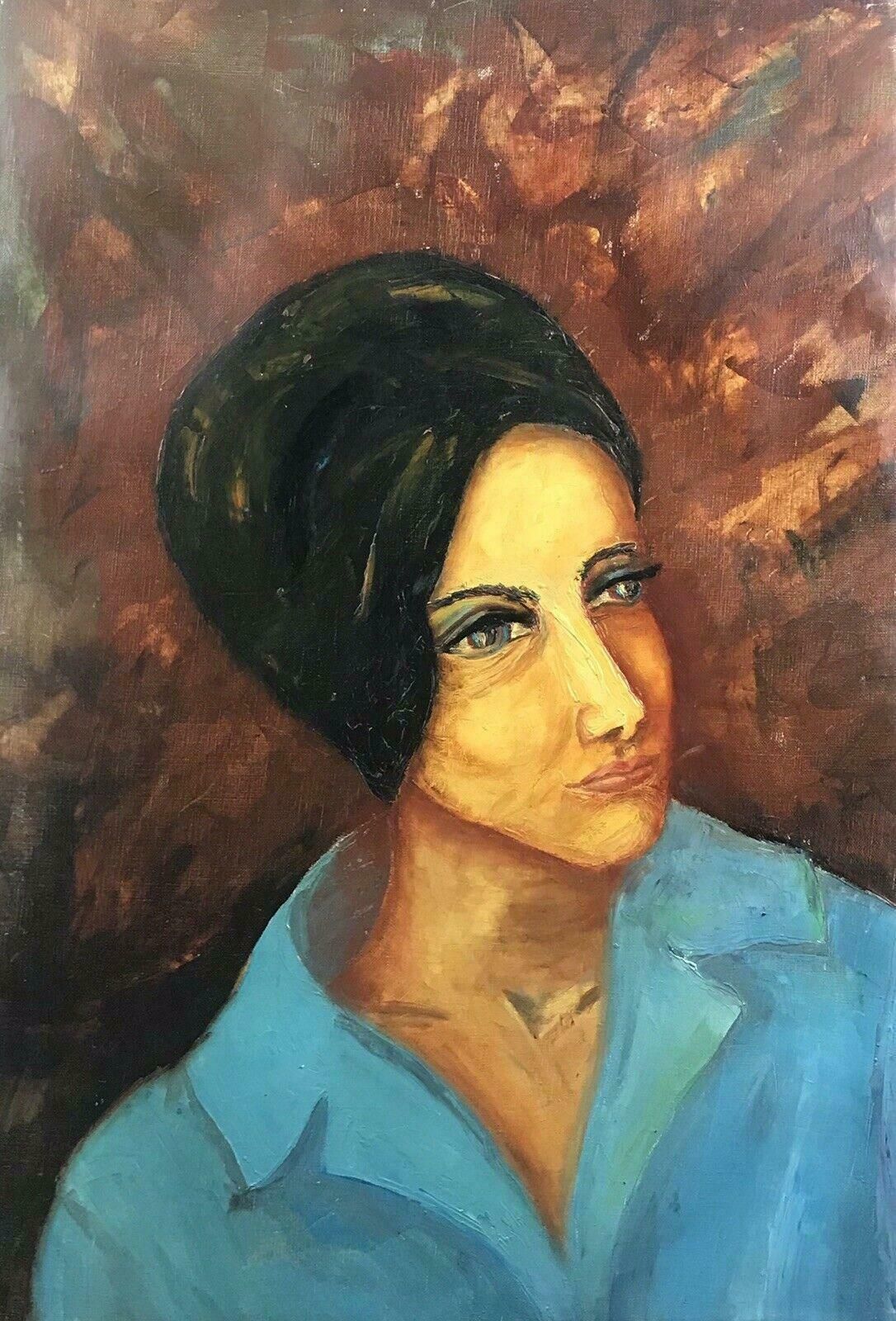 Sophie Danielle Rubinstainlarge 1960's French Modernist Portrait Woman In Blue Jacketmid 20th Century