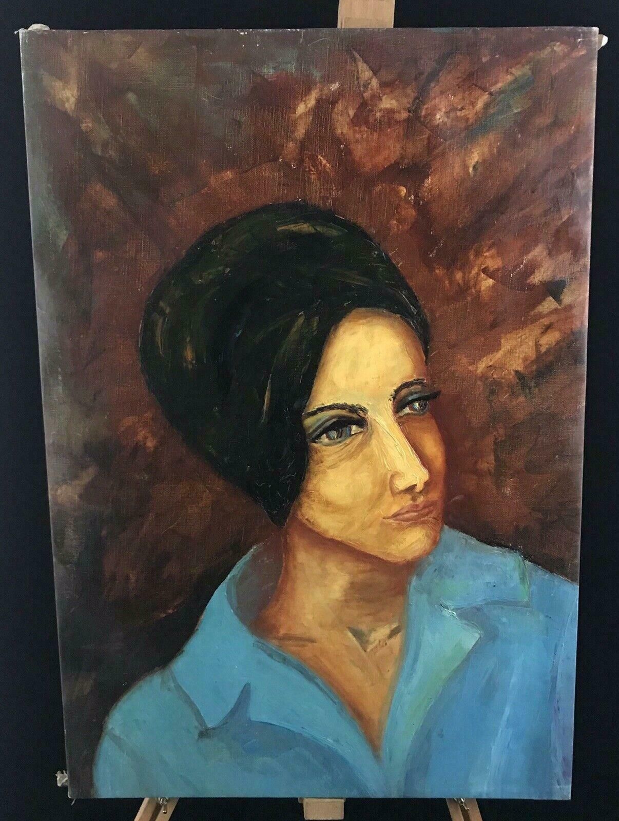 Sophie Danielle Rubinstainlarge 1960's French Modernist Portrait Woman In Blue Jacketmid 20th Century photo furniture