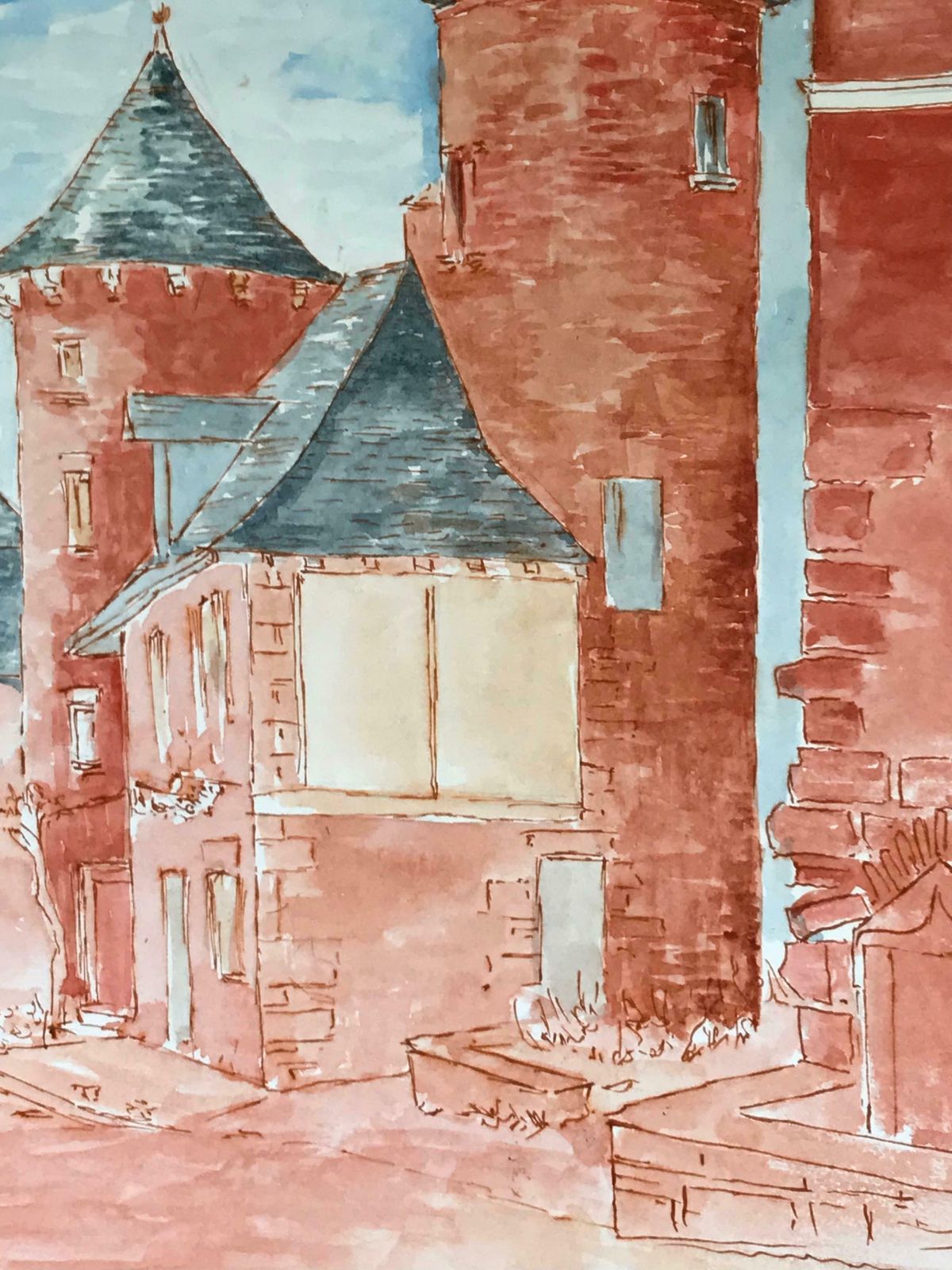Bernard Labbe1950's Modernist/ Cubist Painting   Red & Blue French Buildings Watercolour 1950's photo for sale