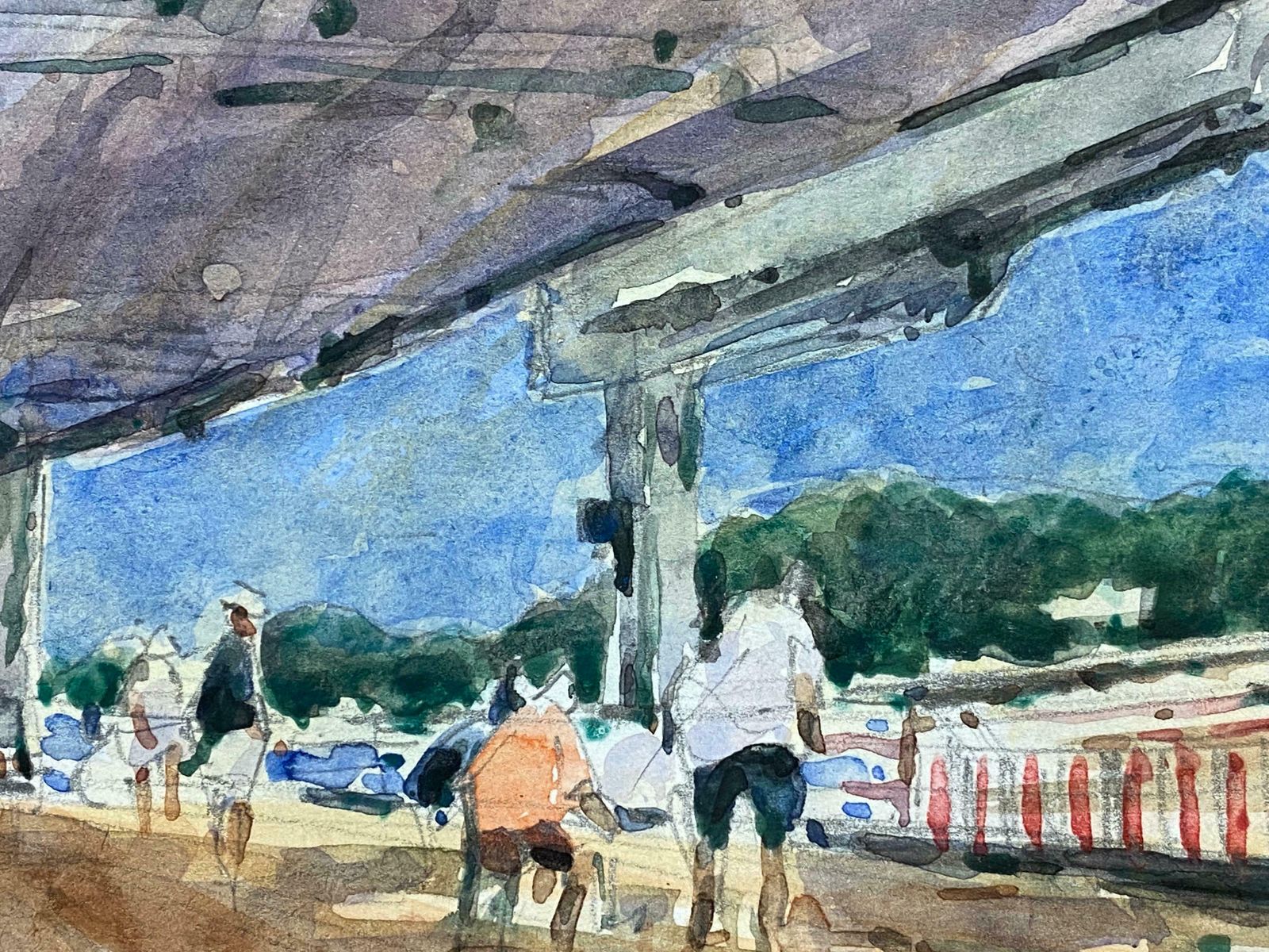 Maurice Mazeiliefrench Impressionist Signed Watercolour   Figures At The Pier photo furniture