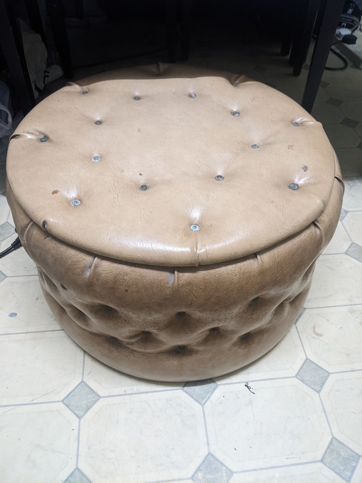 1960s Miss Muffet Tufted Footstool With Storage | Biscuit Brown Faux Leather photo for sale