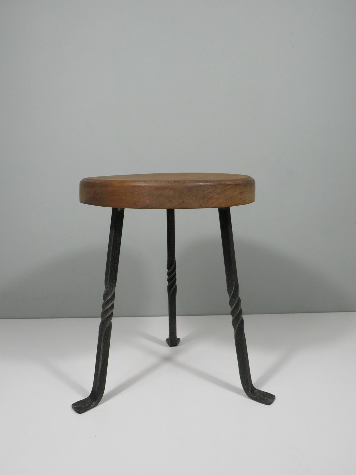 3 Legged Stool With Thick Oak Seat And Wrought Iron Base, France1960