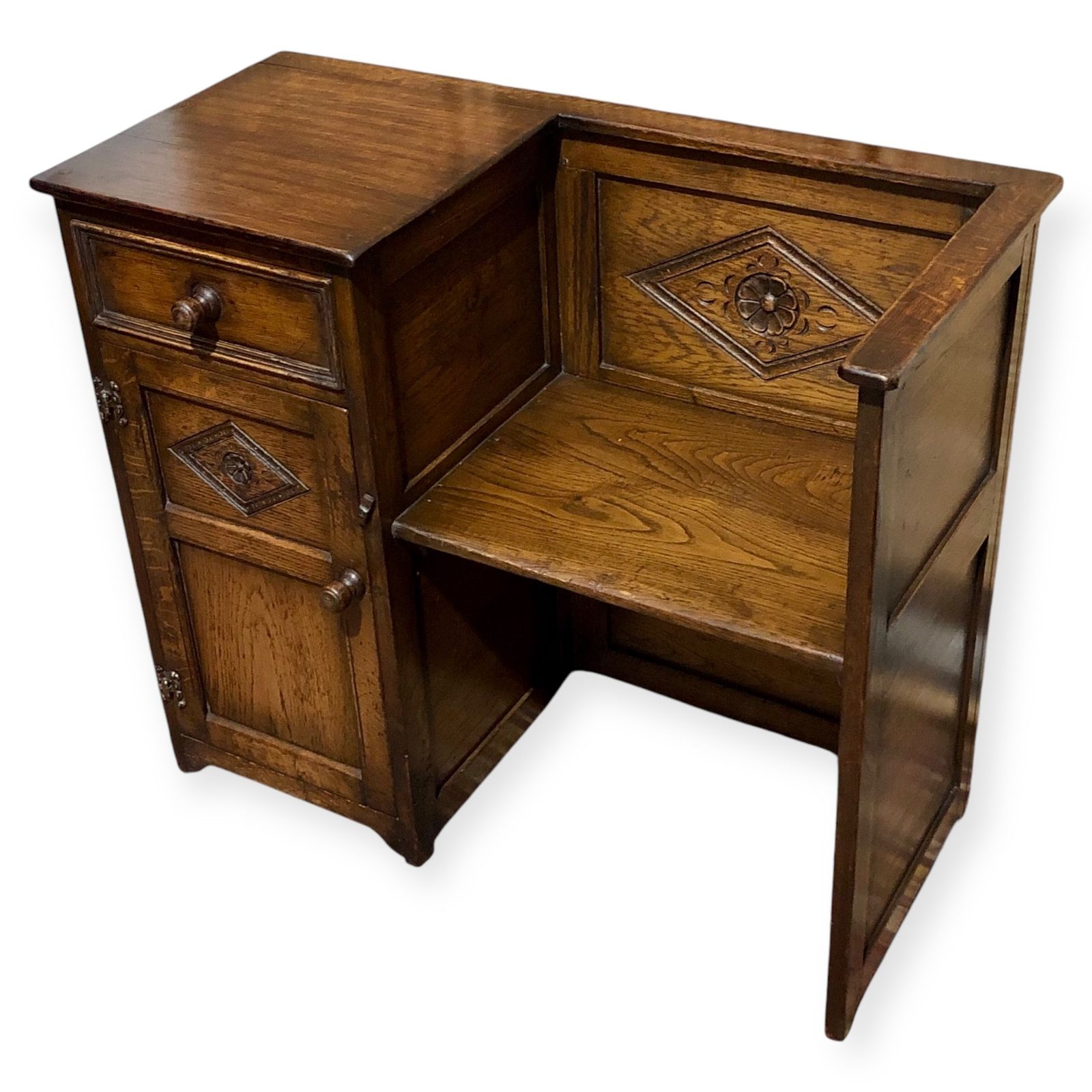 Handsome Vintage Carved Oak Hall Seat photo for sale