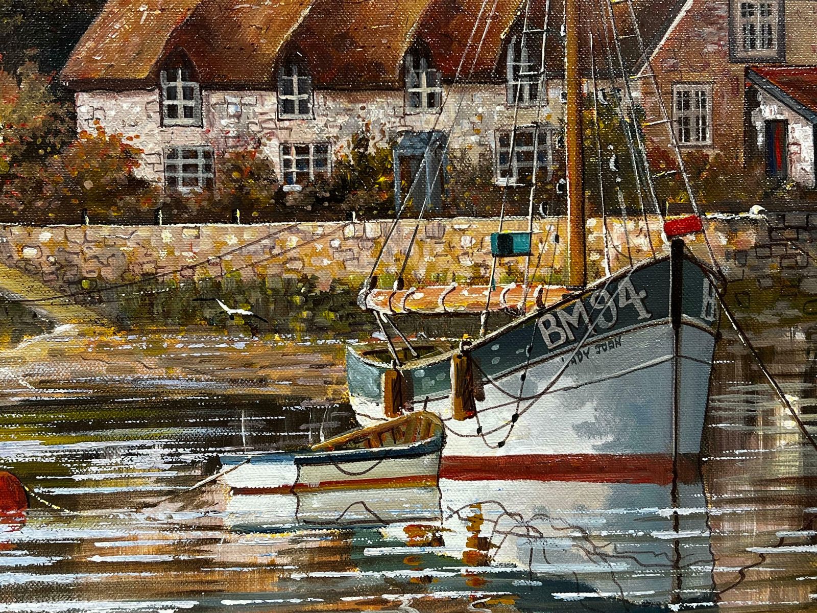 Gordon Allen Original English Oil Painting Boats Moored By Old River Tavern Tranquil Scene photo vintage