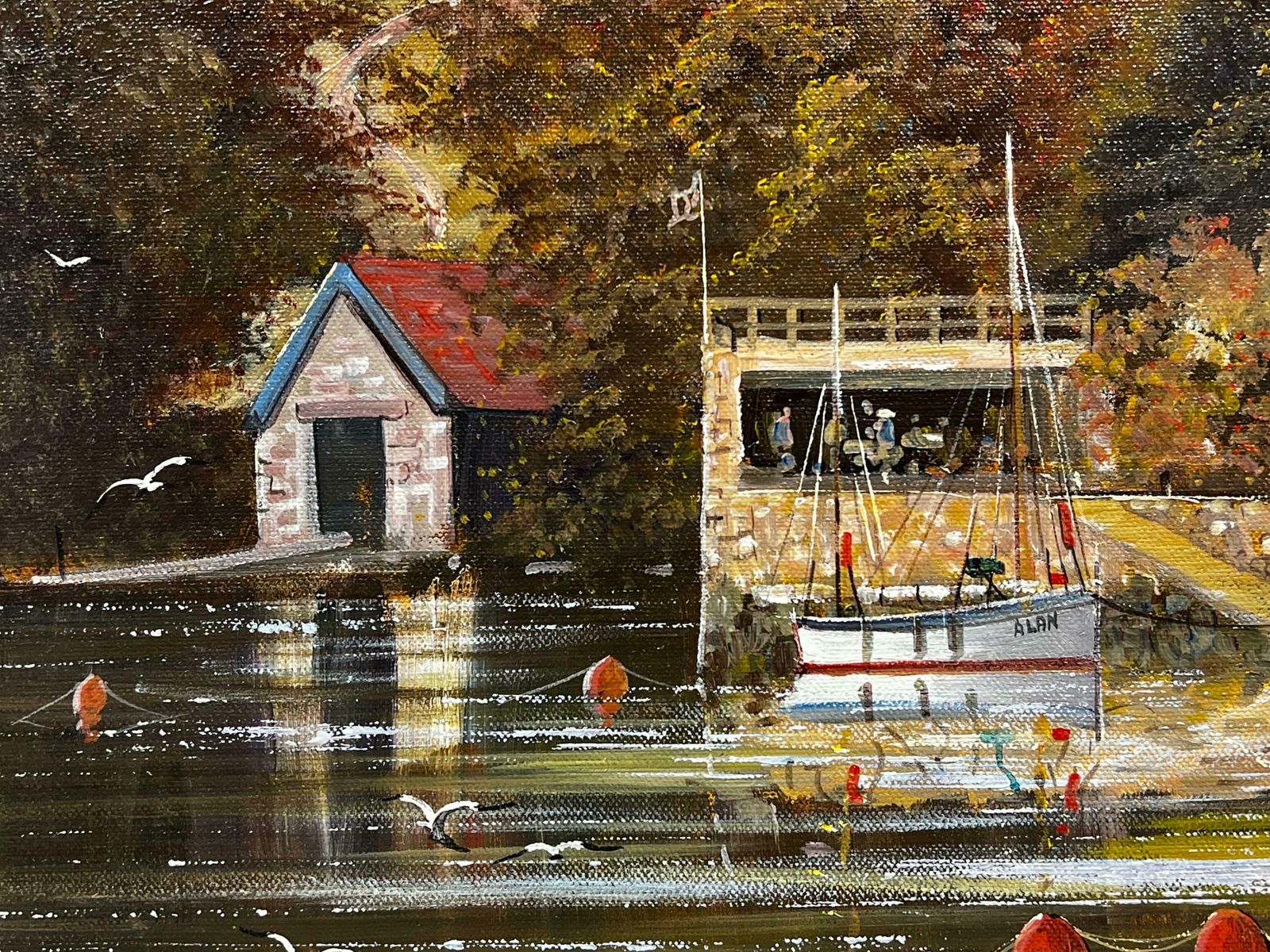 photo furniture Gordon Allen Original English Oil Painting Boats Moored By Old River Tavern Tranquil Scene