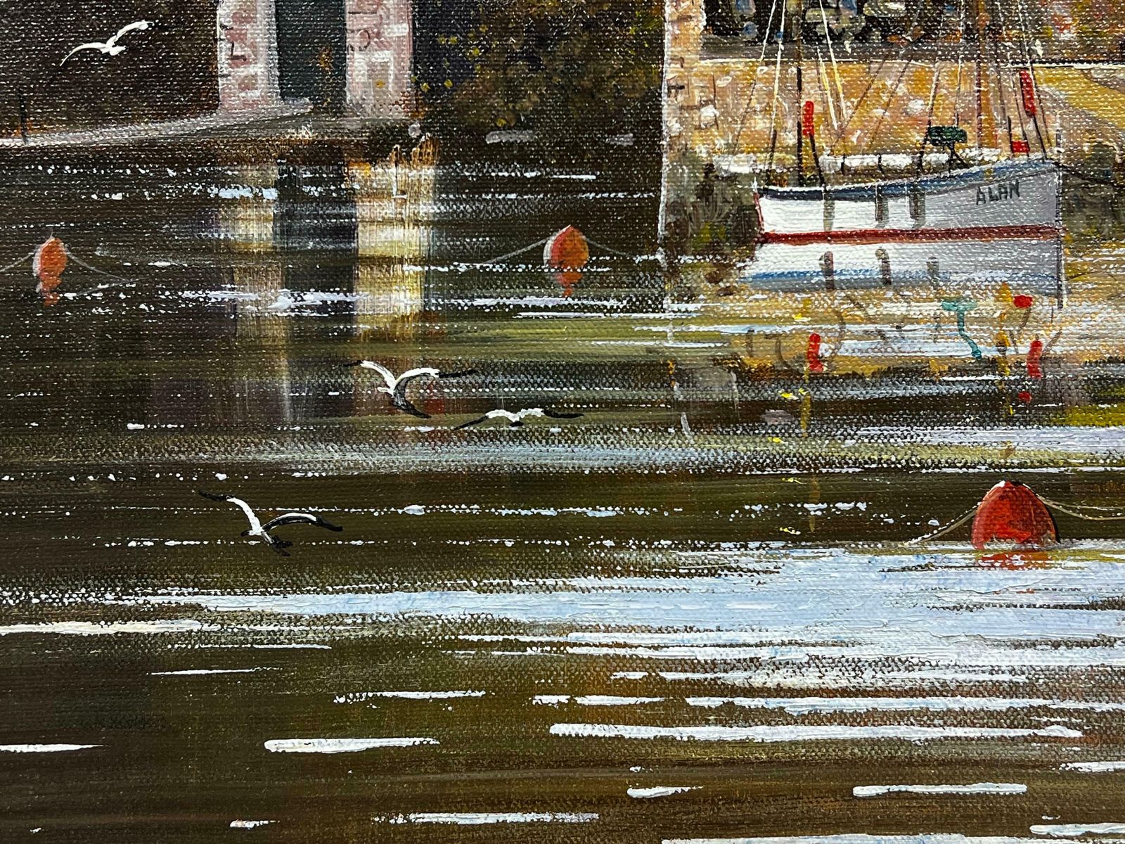 photo for sale Gordon Allen Original English Oil Painting Boats Moored By Old River Tavern Tranquil Scene