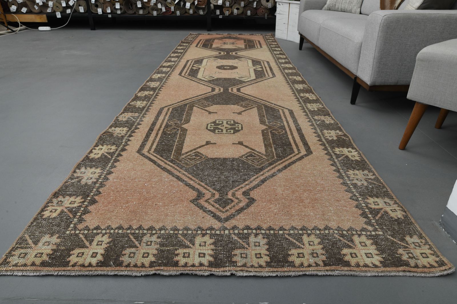 121x431 Cm Vintage Oushak Turkish Runner, Hanmade Wool Rug, Hallway Rugs, Kitchen Runners, Orange Brown Carpet photo furniture
