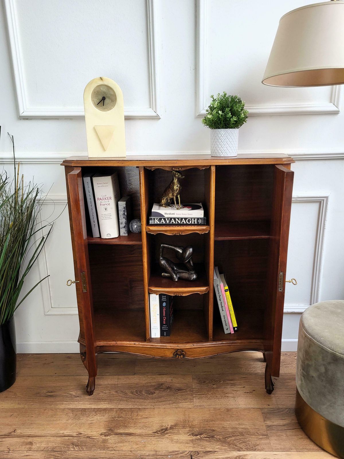 Midcentury Italian Walnut Burl Wood Three Shelves Bookcase Library photo for sale
