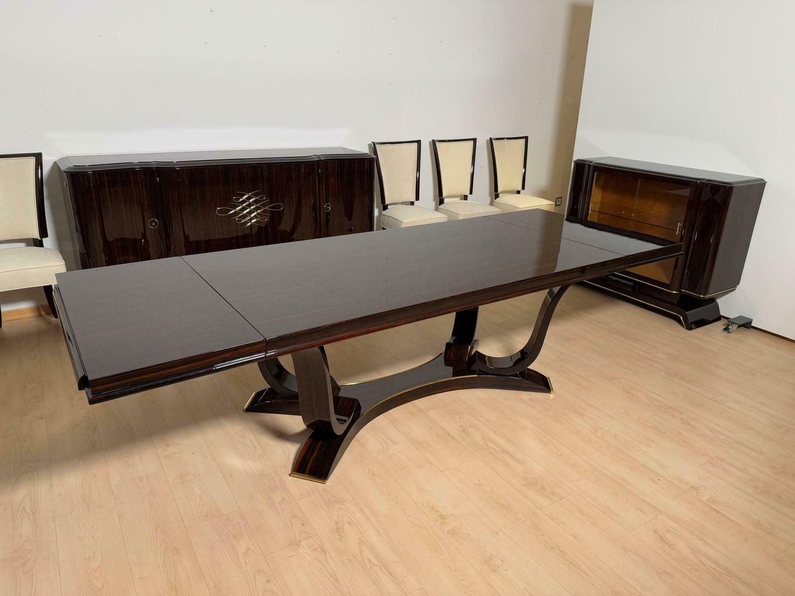 photo for sale Art Deco Dining Table With 10 Chairs, Macassar Ebony, Brass, Paris Circa 1930