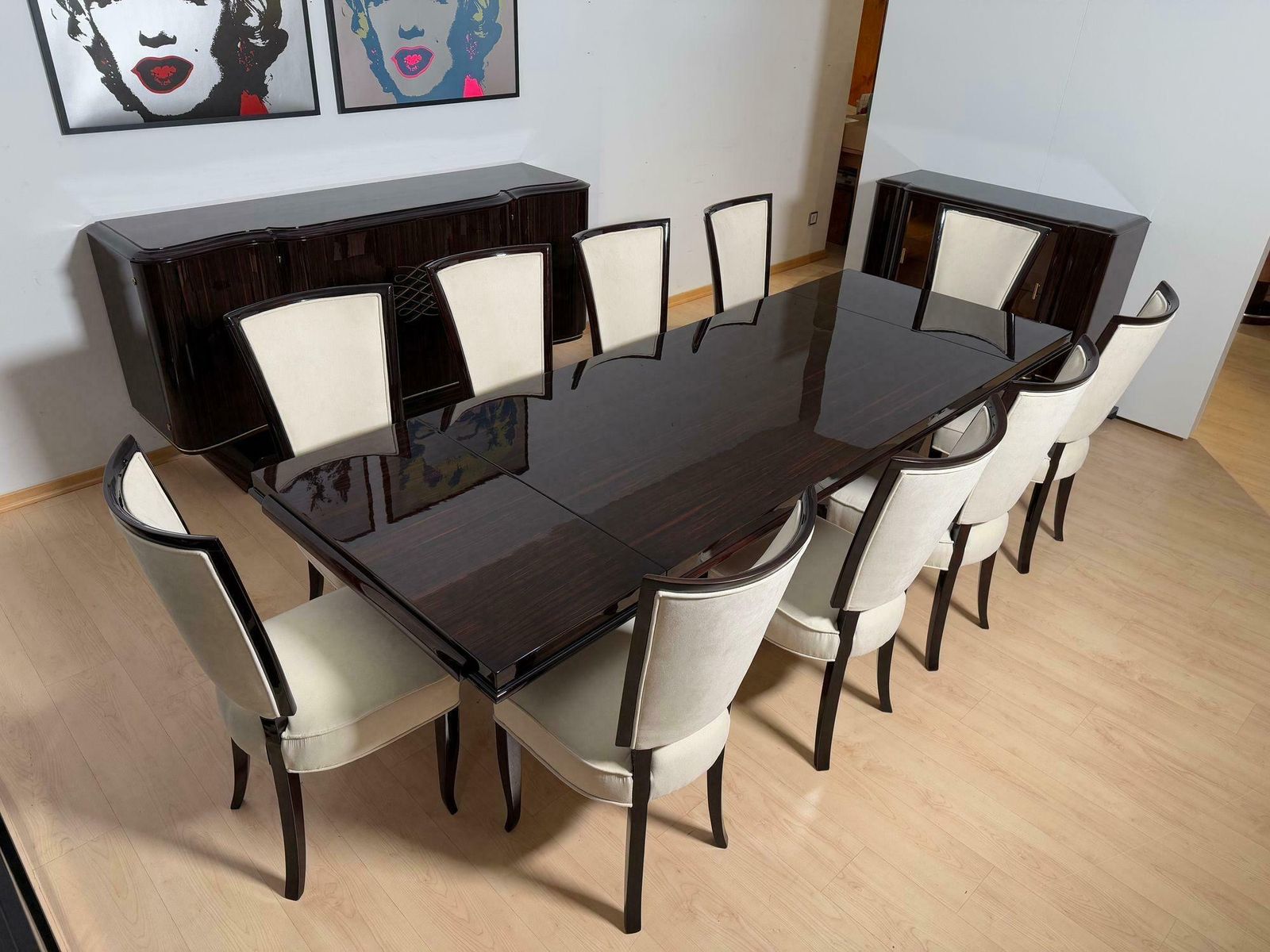 Furniture Art Deco Dining Table With 10 Chairs, Macassar Ebony, Brass, Paris Circa 1930 photo
