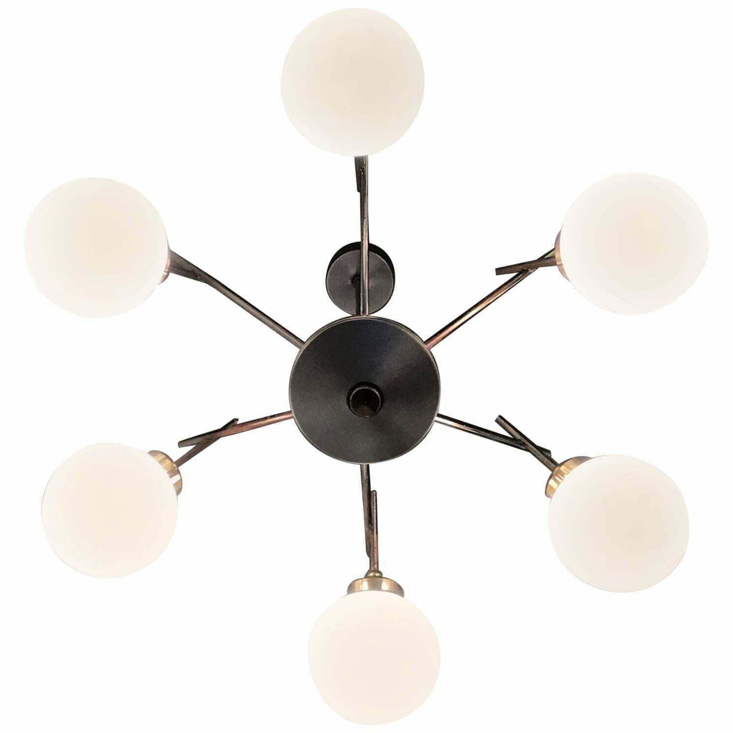 Stilnovo Chandelier 6 Light Brass Metal Opaline Glass, 1955, Italy