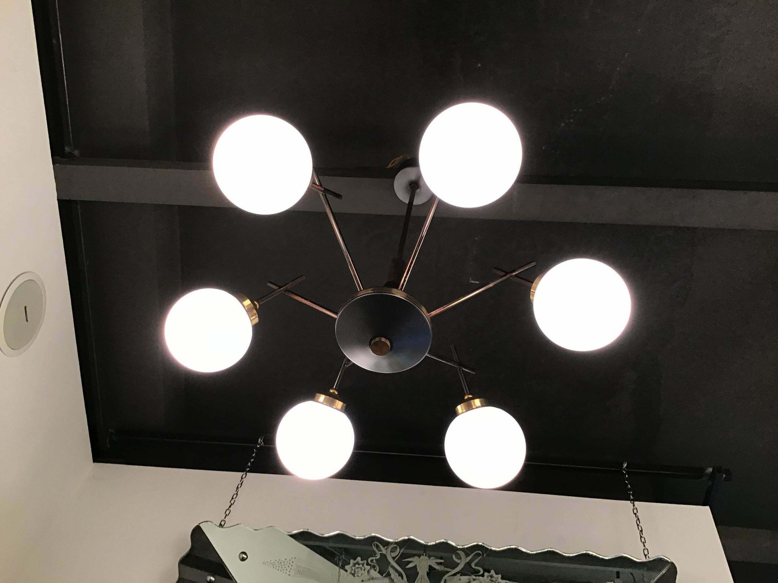 Stilnovo Chandelier 6 Light Brass Metal Opaline Glass, 1955, Italy photo Lighting