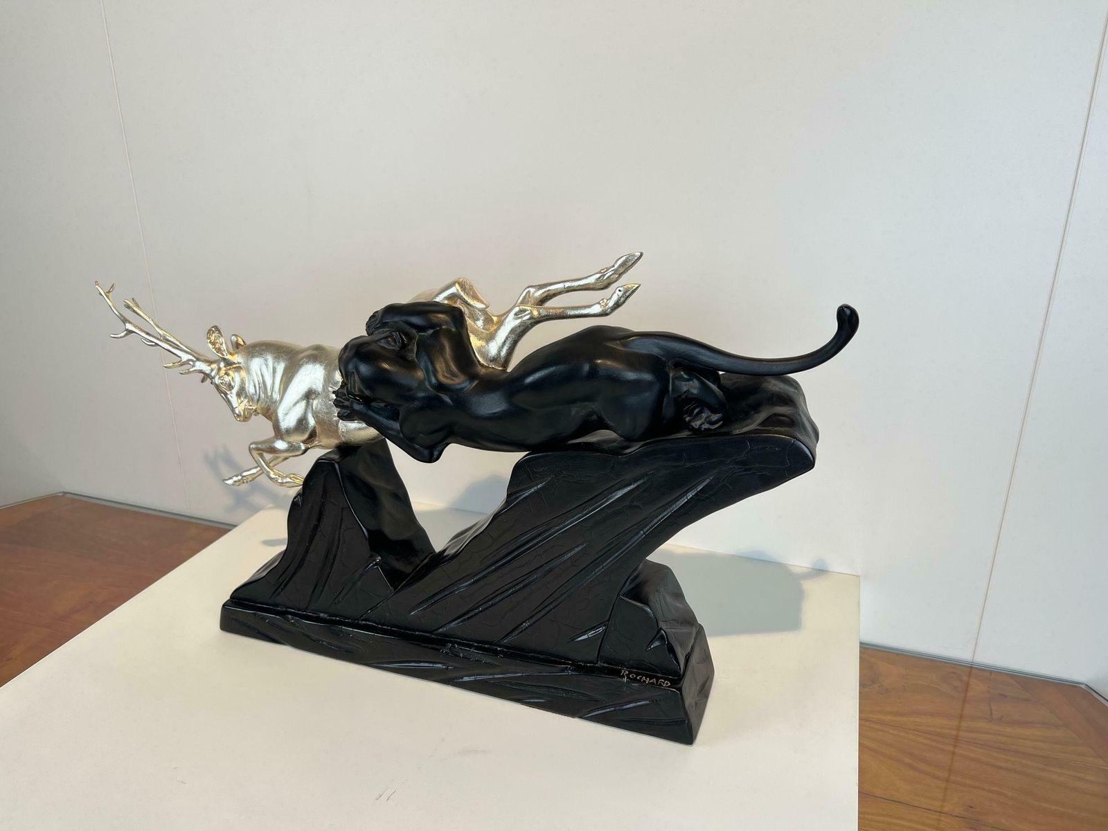 Art Deco Sculpture Of A Deer And Panther By Rochard, White Gold, France C. 1930 photo buy