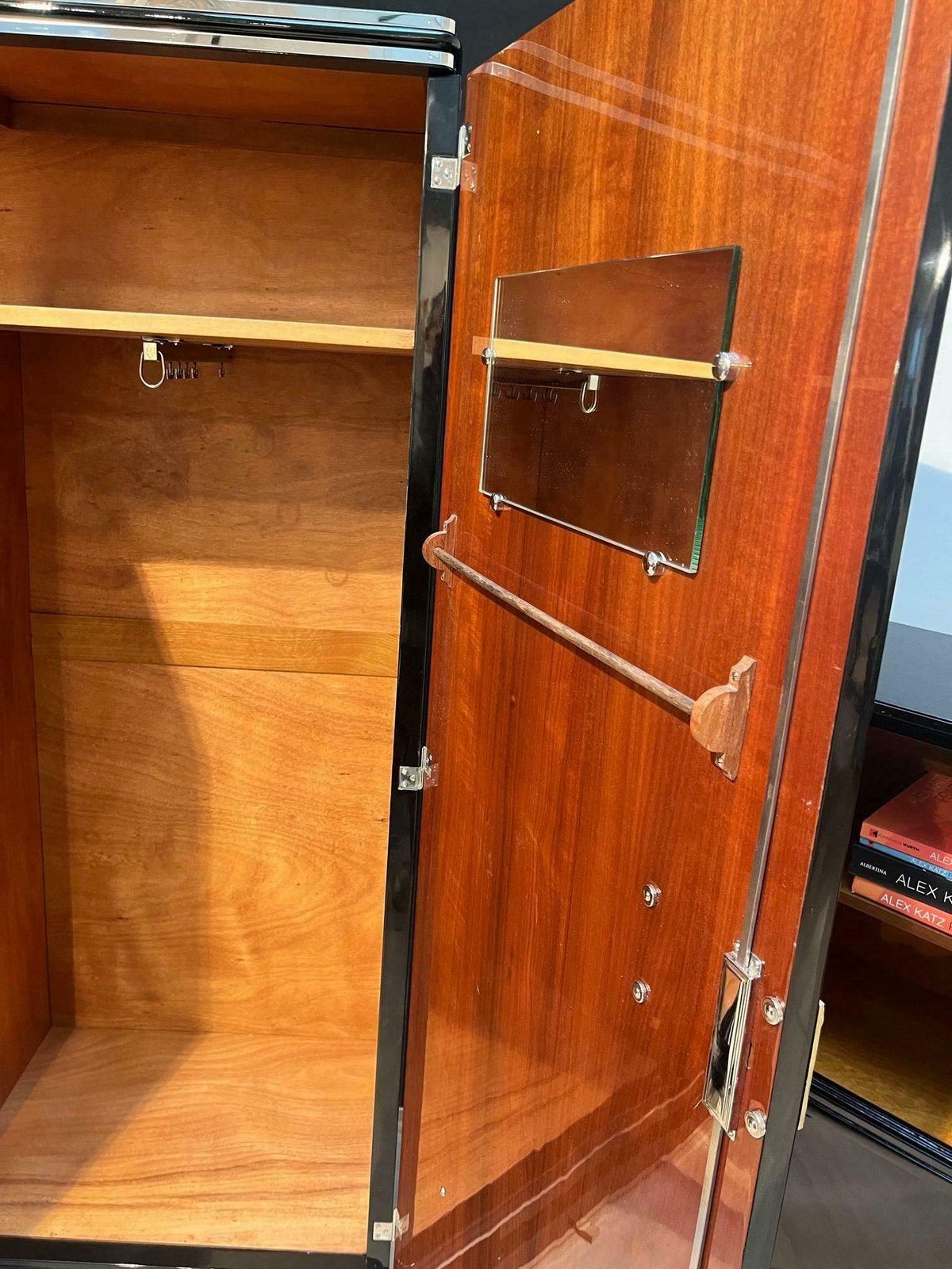 Furniture Art Deco Wardrobe Armoire, Black Lacquer, Mahogany, Chrome, France Circa 1930 photo