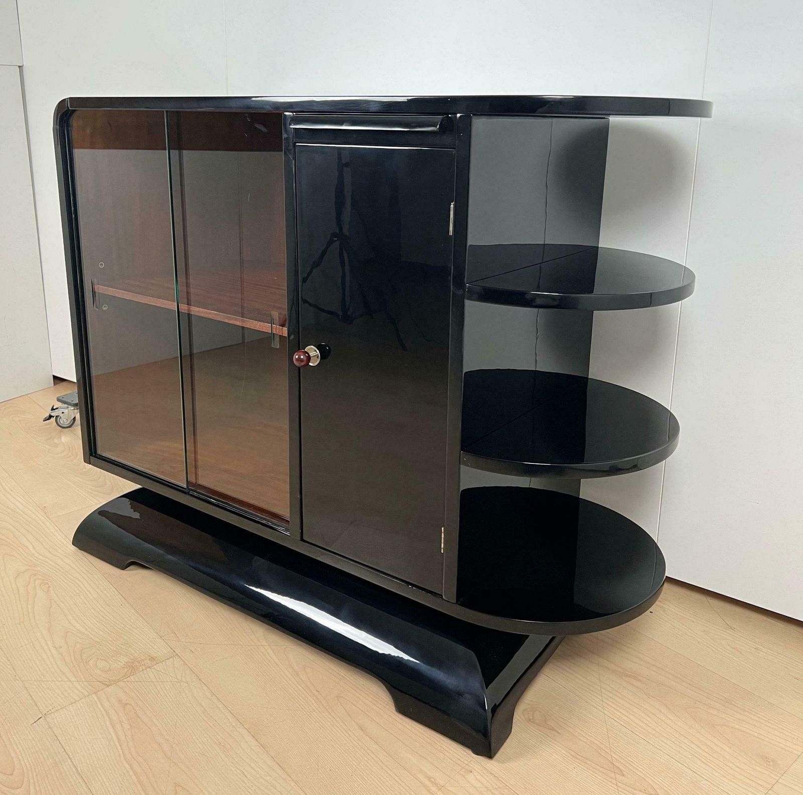 photo for sale Art Deco Half Cabinet, Black Lacquer, Mahogany, France Circa 1930