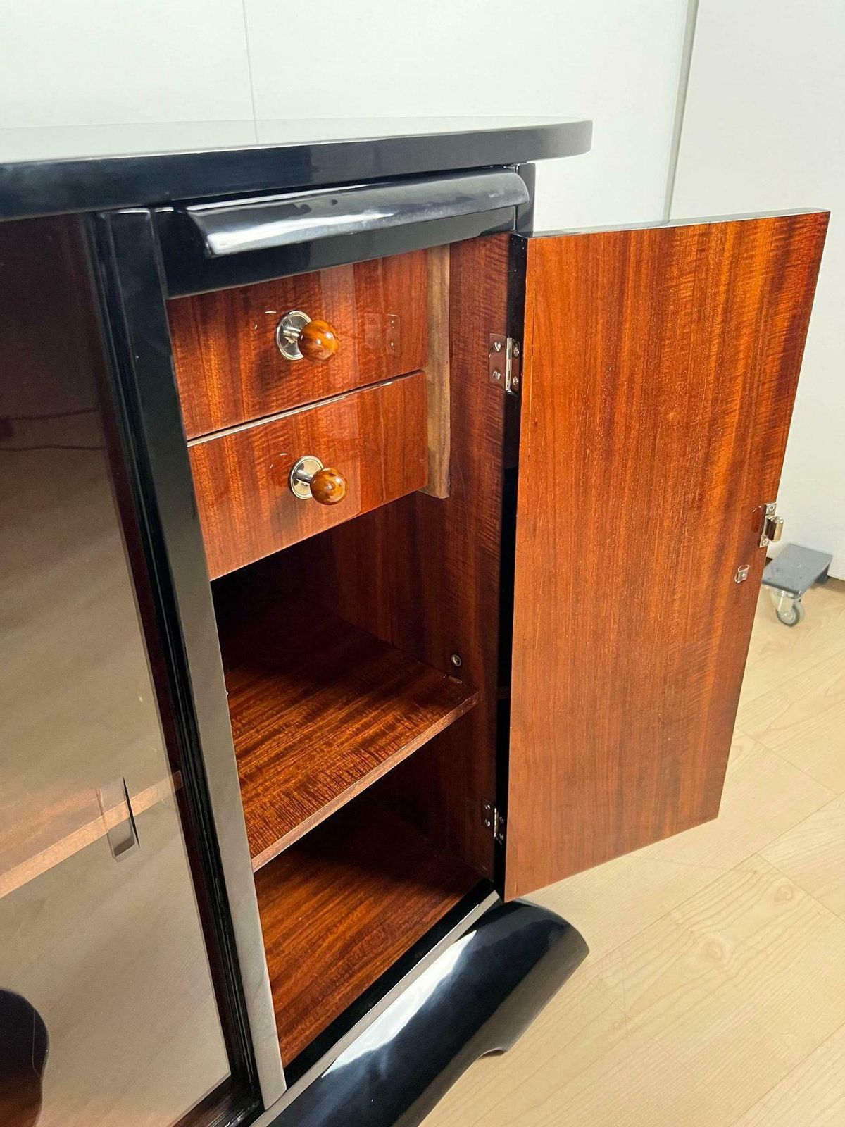 Furniture Art Deco Half Cabinet, Black Lacquer, Mahogany, France Circa 1930 photo