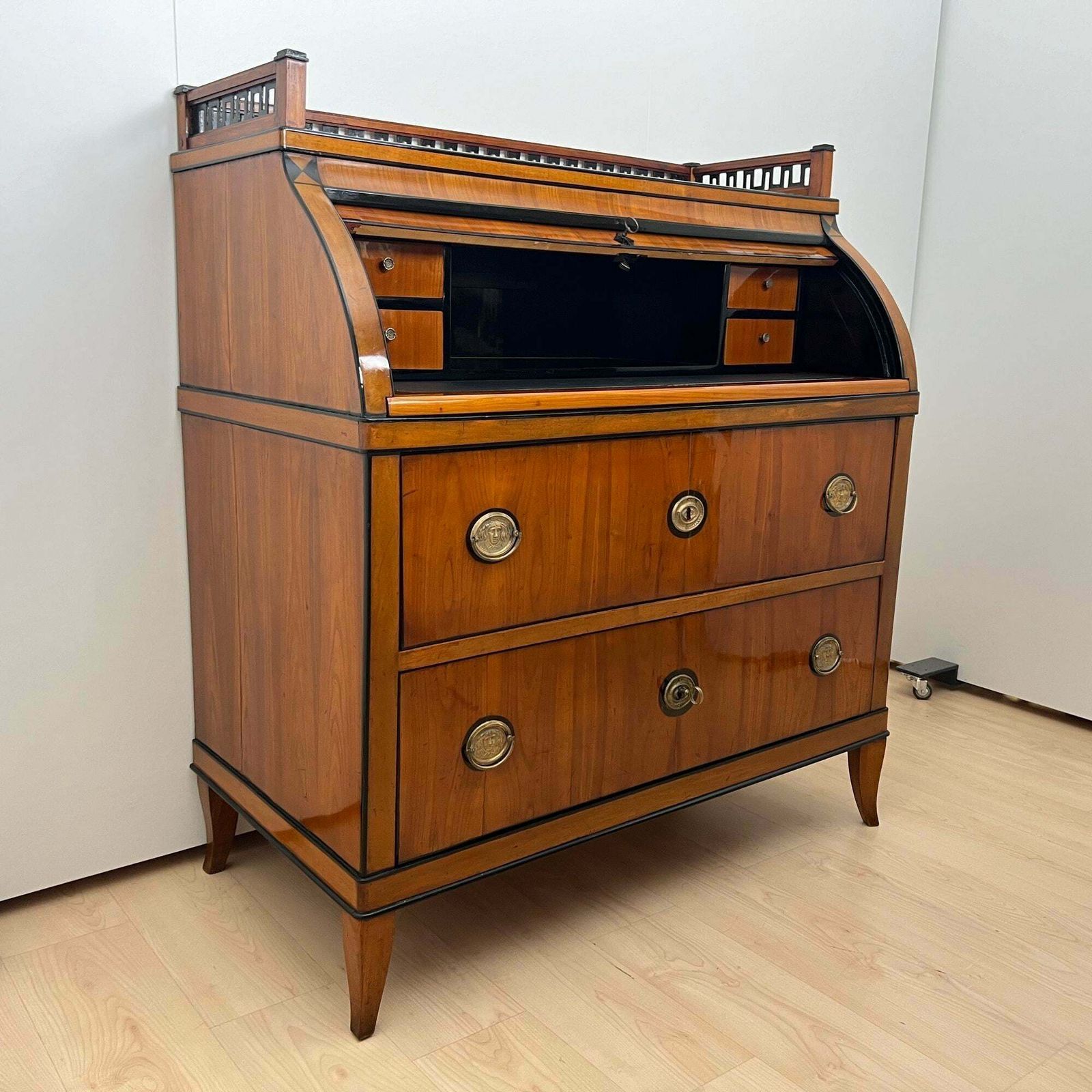Biedermeier Roll Top Desk, Cherry Veneer, Brass, Ink, South Germany Circa 1820
