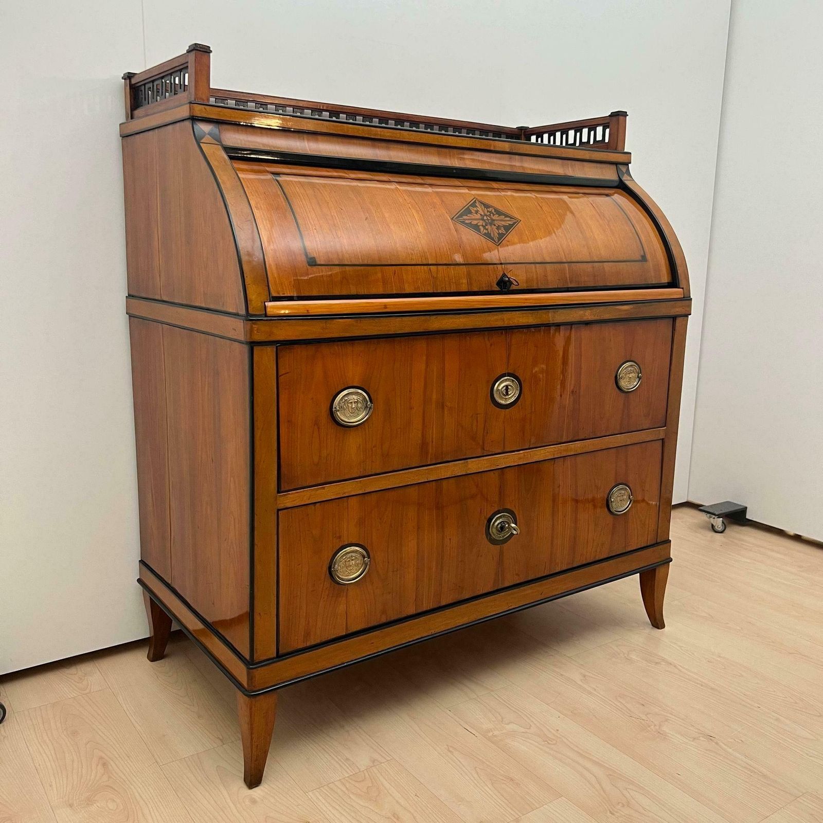Biedermeier Roll Top Desk, Cherry Veneer, Brass, Ink, South Germany Circa 1820 photo for sale