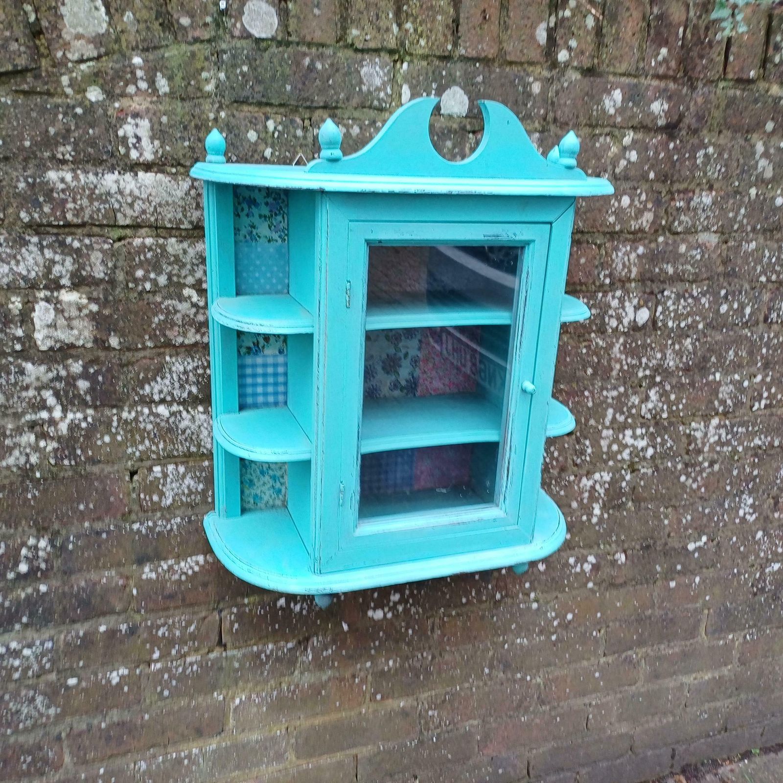 Bespoke Upcycled Glazed Display Cupboard In Turquoise With Decoupage Decoration Shabby Chic Chintz. photo furniture