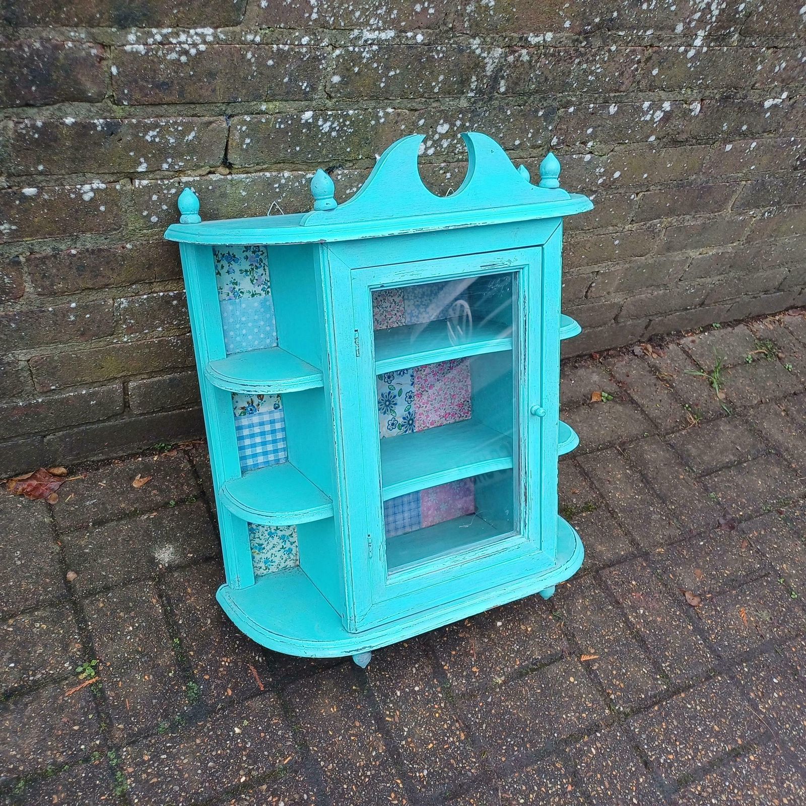 photo furniture Bespoke Upcycled Glazed Display Cupboard In Turquoise With Decoupage Decoration Shabby Chic Chintz.