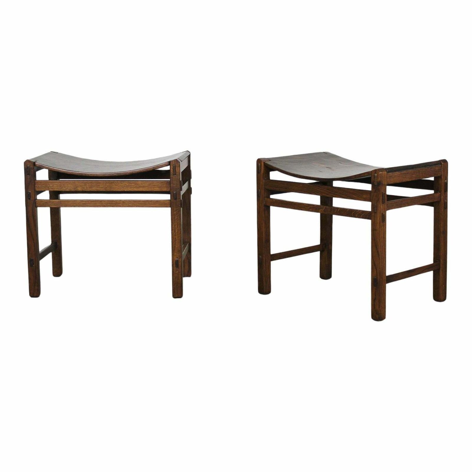 Giuseppe Rivadossi Set Of Two Stools In Oak Wood By Officina Rivadossi 1970s