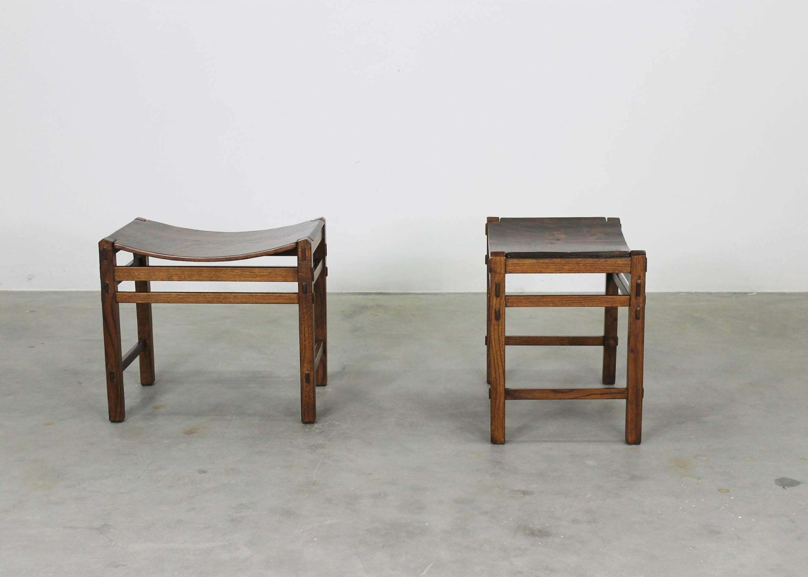 photo for sale Giuseppe Rivadossi Set Of Two Stools In Oak Wood By Officina Rivadossi 1970s