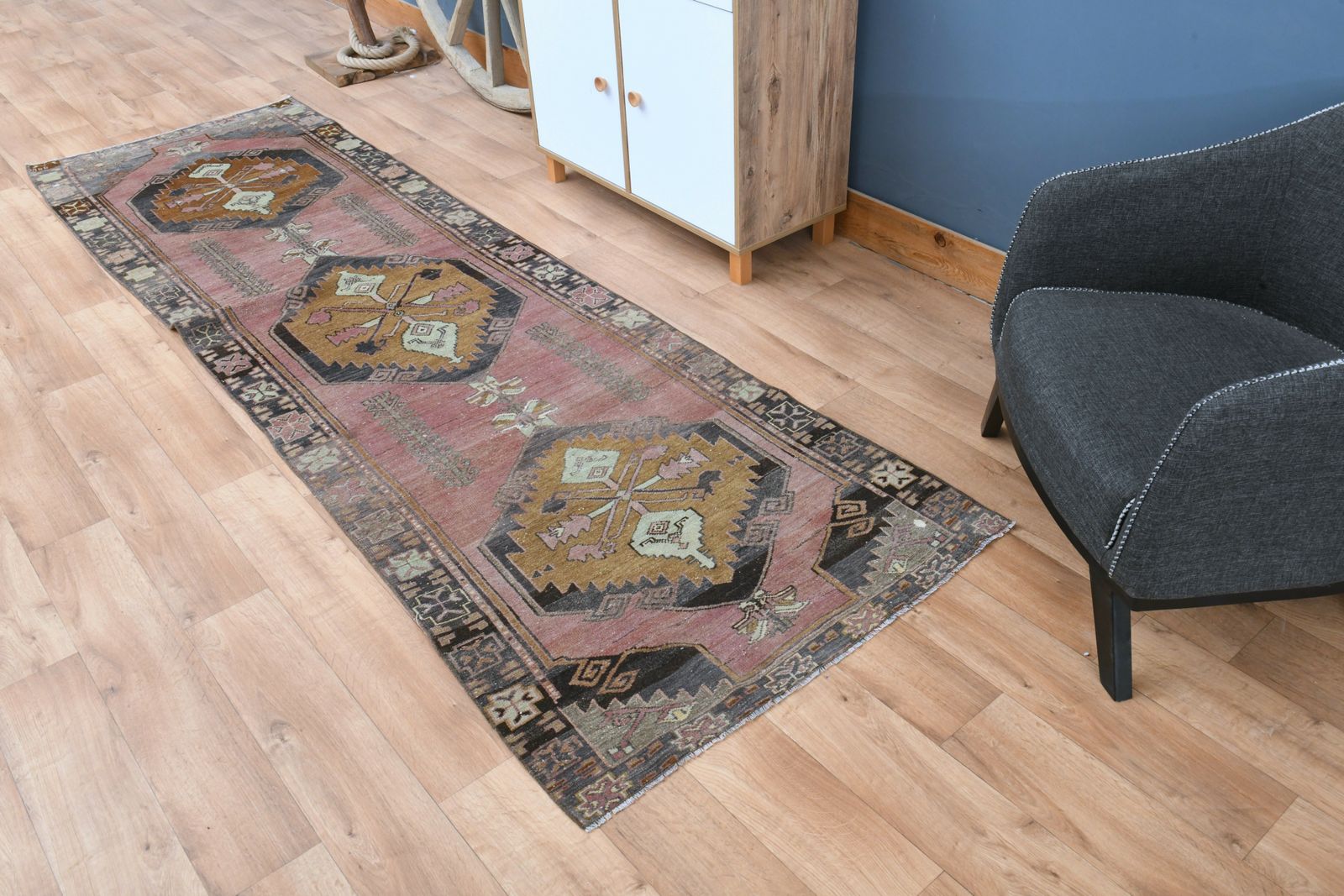 105x331 Cm Stair Chic Decor Turkish Vintage Runner, Wool Oushak Rug, Tribal Rugs, Handmade Carpet photo for sale