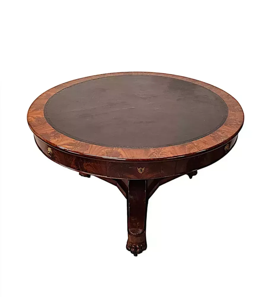 A Very Rare Large 19th Century Flame Mahogany Leather Top Drum Centre Table photo for sale