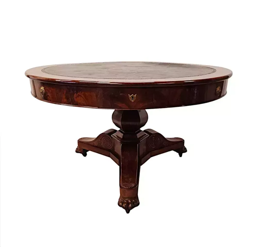 A Very Rare Large 19th Century Flame Mahogany Leather Top Drum Centre Table photo 7839.1693
