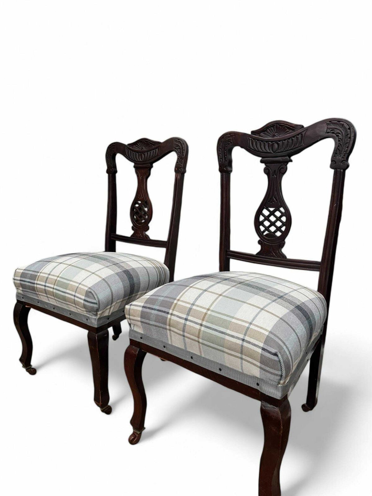 photo for sale Antique Victorian Bedroom Chairs C1870 / Legs With Castors / New Upholstery / Set Of 2