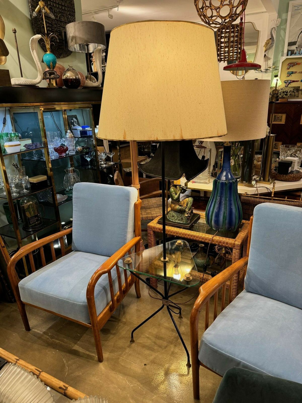 A 1950s French Black Lacquer And Brass Tripod Floor Lamp With Glass Centre photo Furniture