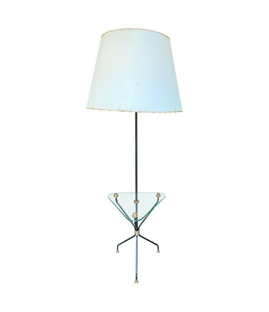 A 1950s French Black Lacquer And Brass Tripod Floor Lamp With Glass Centre photo 2450.0