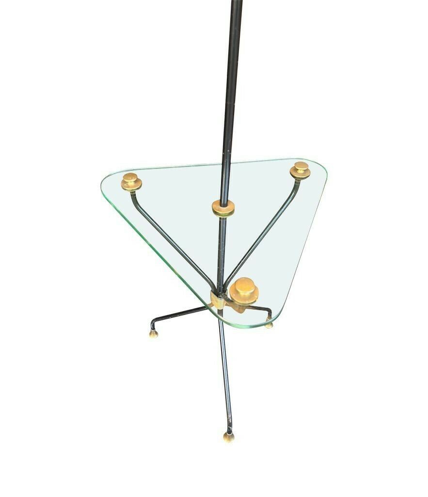 A 1950s French Black Lacquer And Brass Tripod Floor Lamp With Glass Centre photo vinterior