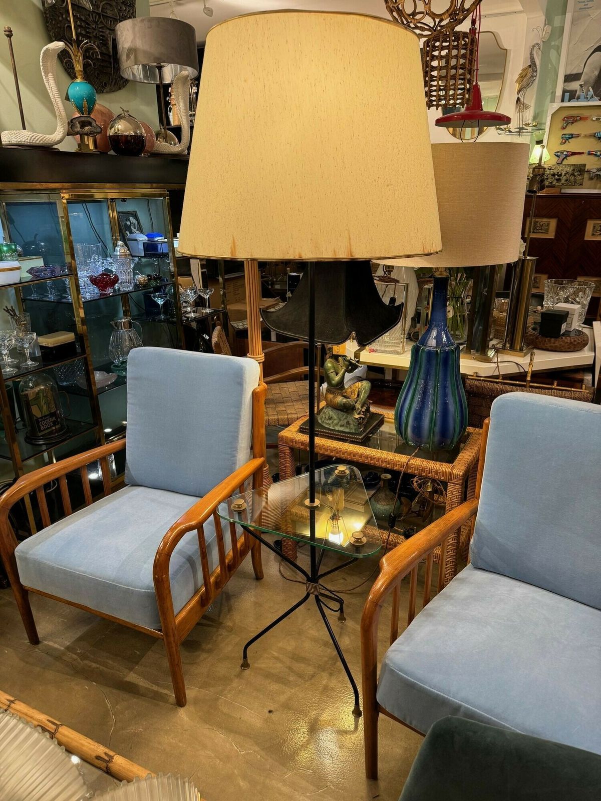 A 1950s French Black Lacquer And Brass Tripod Floor Lamp With Glass Centre photo buy