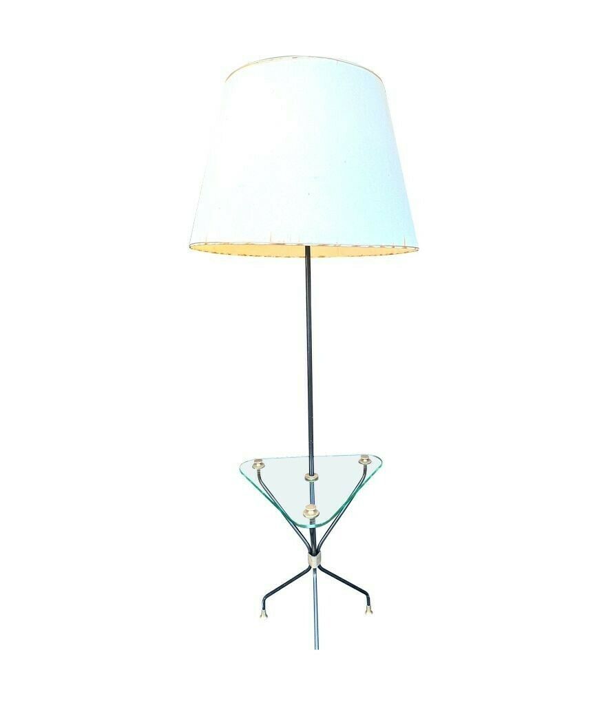 photo vinterior A 1950s French Black Lacquer And Brass Tripod Floor Lamp With Glass Centre