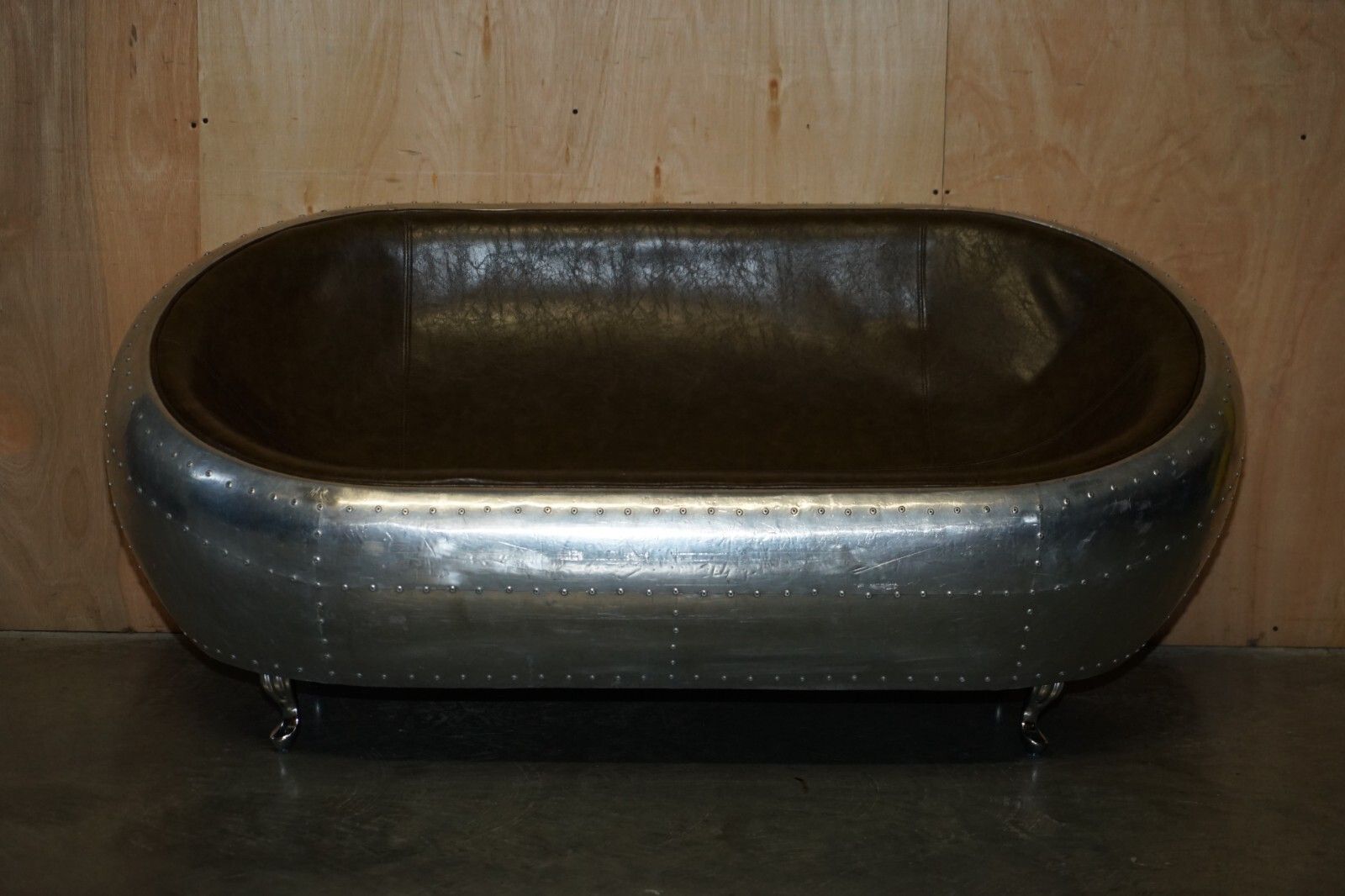 Super Cool Aviator Style Hand Hammered Aluminium & Brown Leather Two Seat Sofa photo for sale