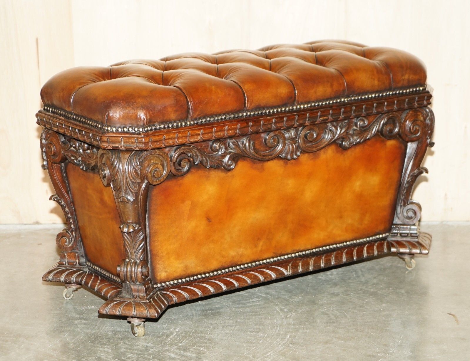 Important Restored Antique 1830 Leather Rosewood Chesterfield Ottoman Stool photo for sale