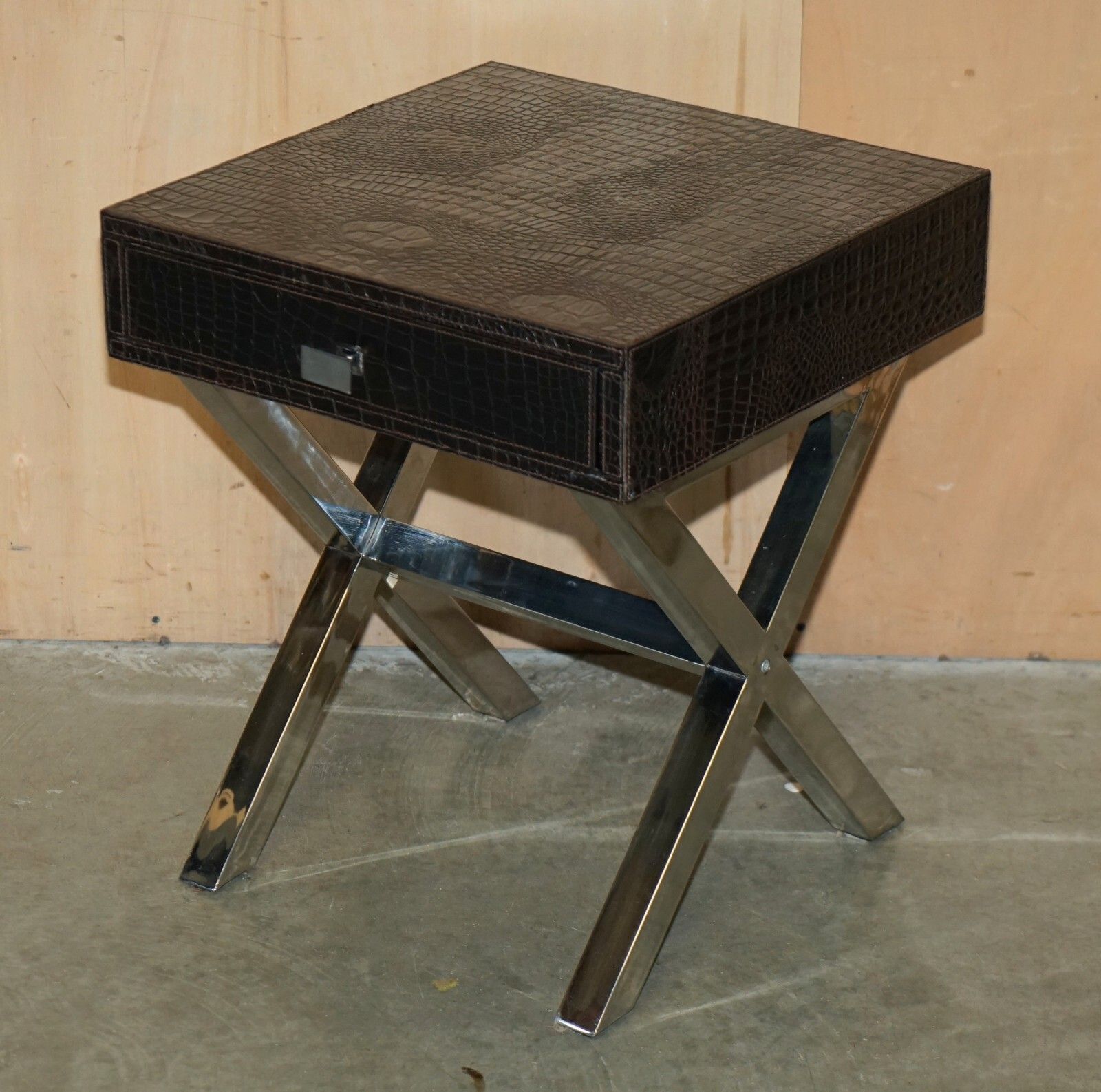 Andrew Martin Style Pair Chrome Crocodile Alligator Leather Patina Side Tables photo for sale