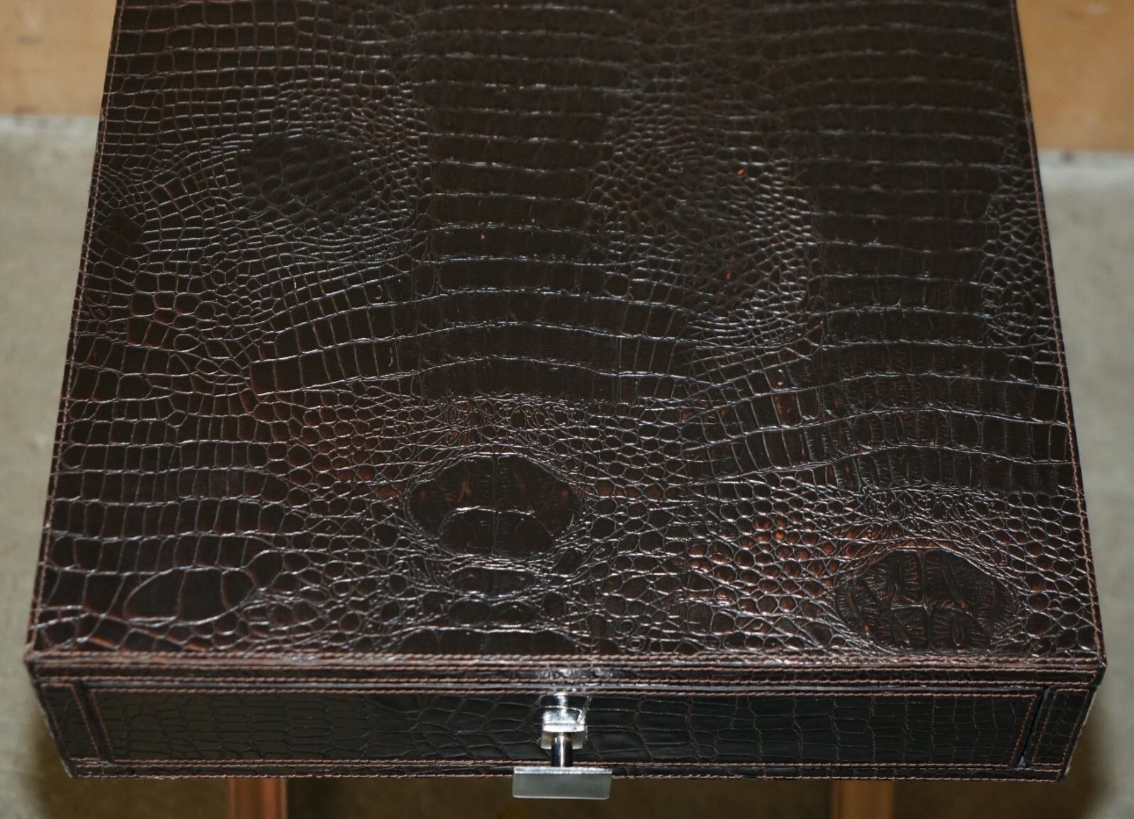Andrew Martin Style Pair Chrome Crocodile Alligator Leather Patina Side Tables photo vinterior