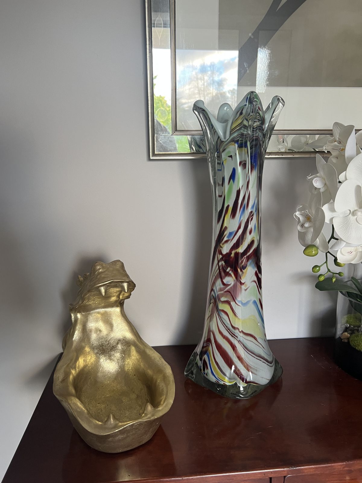 photo furniture Pair Of Mid Century Murano Style Hand Blown Glass Vases With Multicolor Swirl Pattern