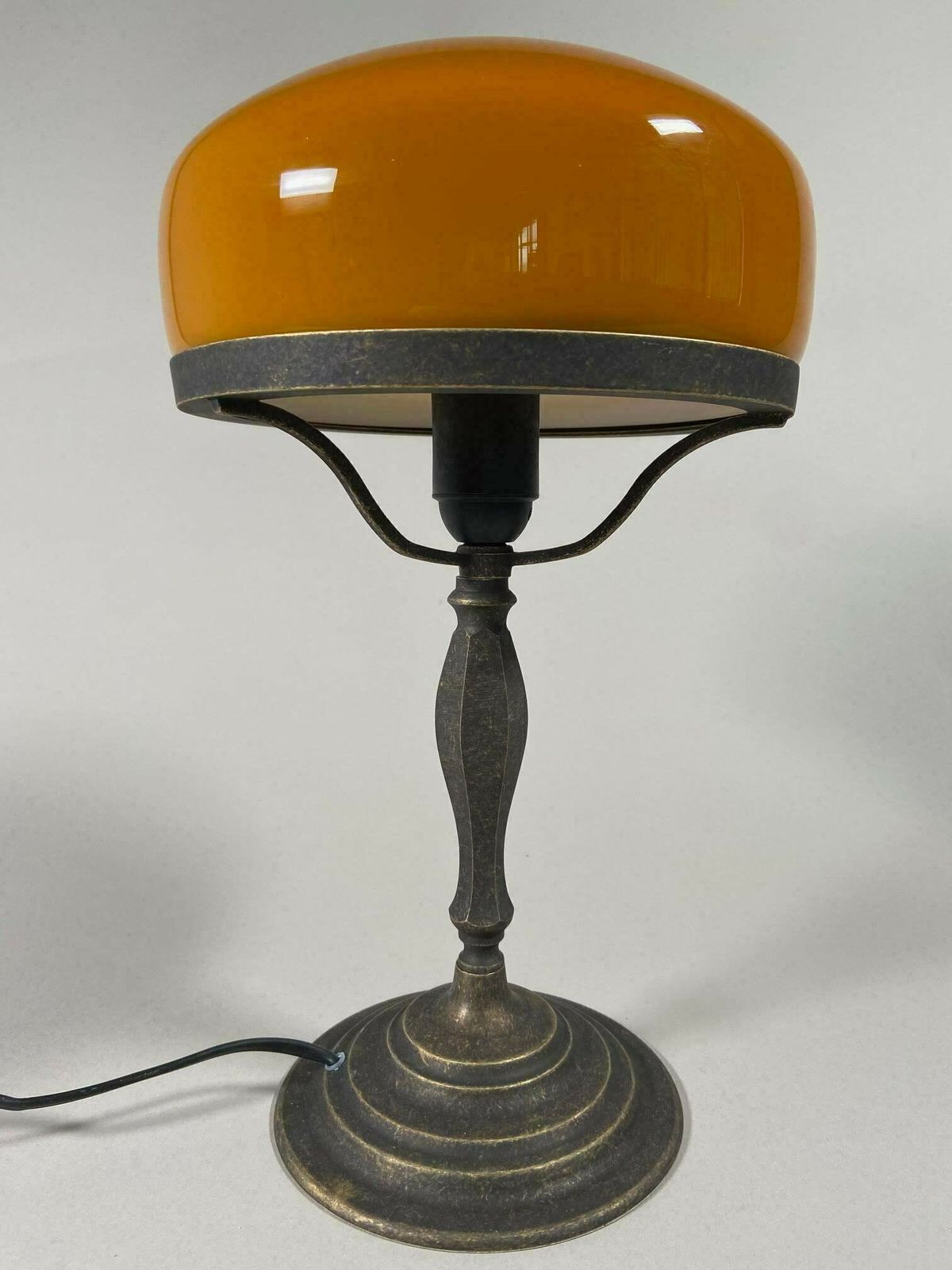 Vintage Art Deco Banker Style Table Lamp With Cognac Glass Shade   Nightstand Lamp With Delux Design ,Elegant Desk photo for sale