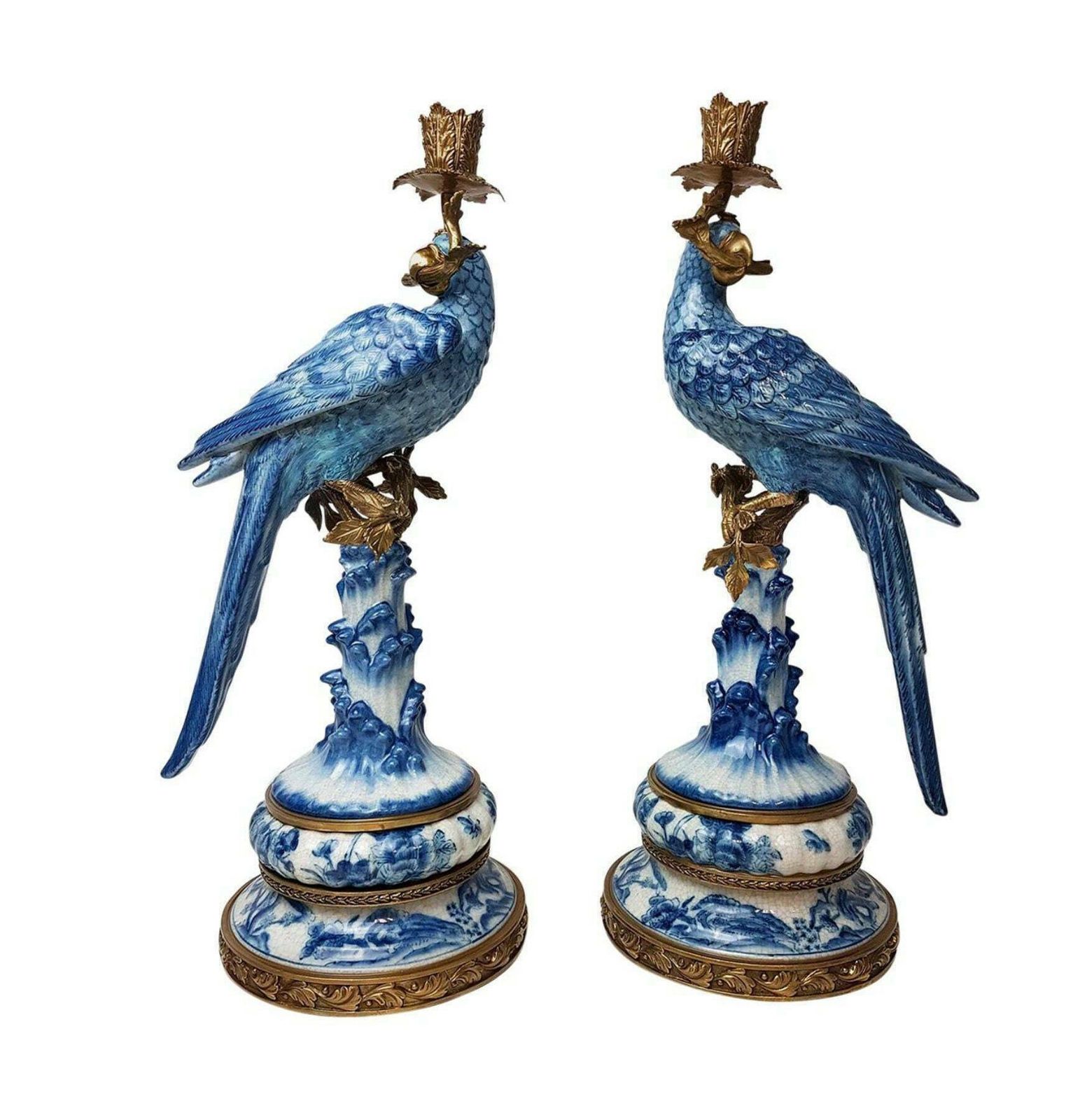 Pair Of Gilt Art Nouveau Style Brass Porcelain Parrot Standing Candlesticks