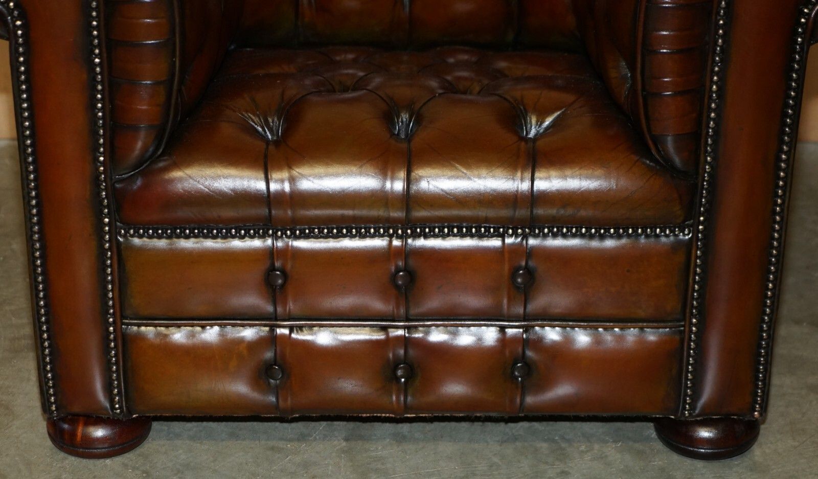 Pair Of Vintage Art Deco Restored Brown Leather Chesterfield Tufted Armchairs photo vinterior